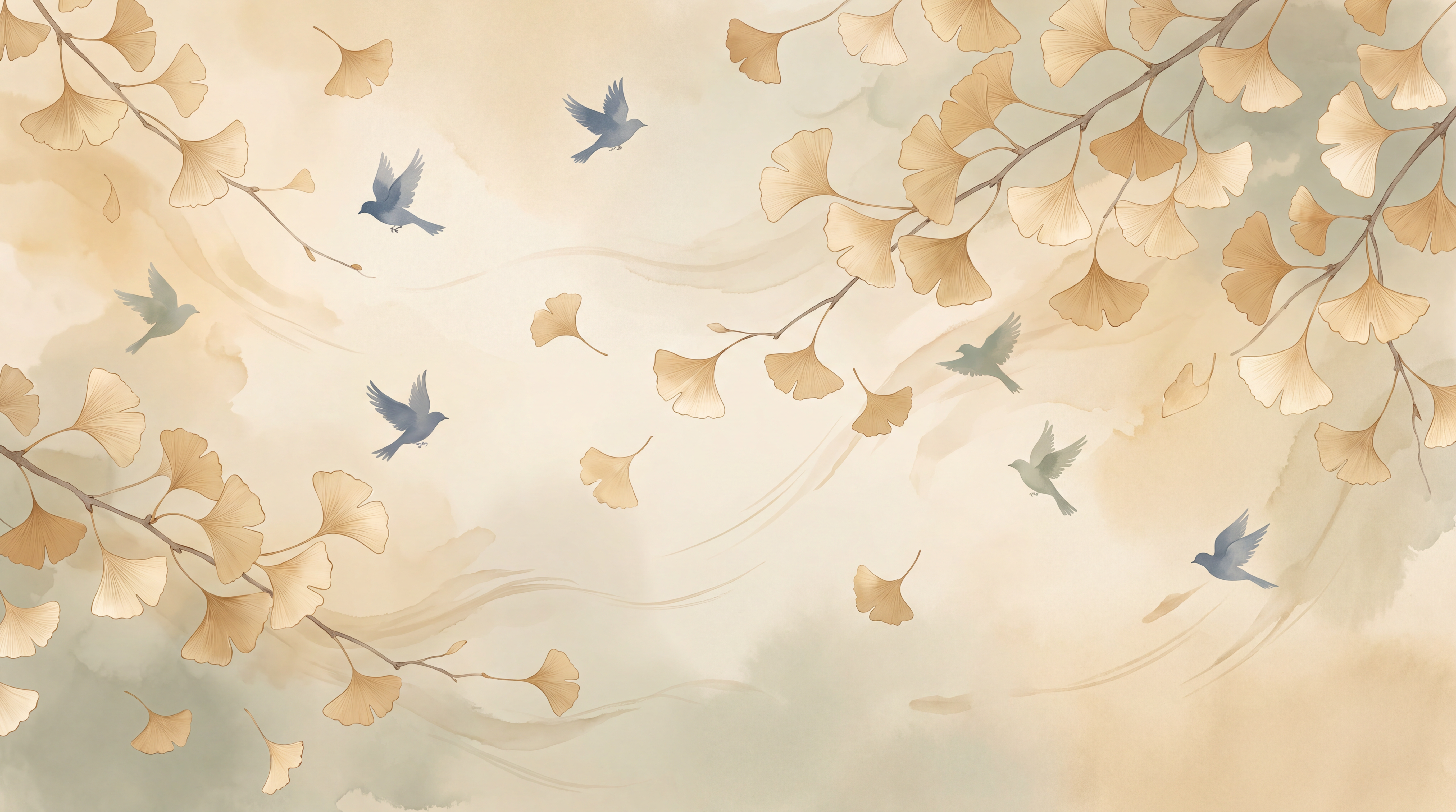 Gold And Neutral Bird Forms Wallpaper Mural, Peel-and-stick Finish