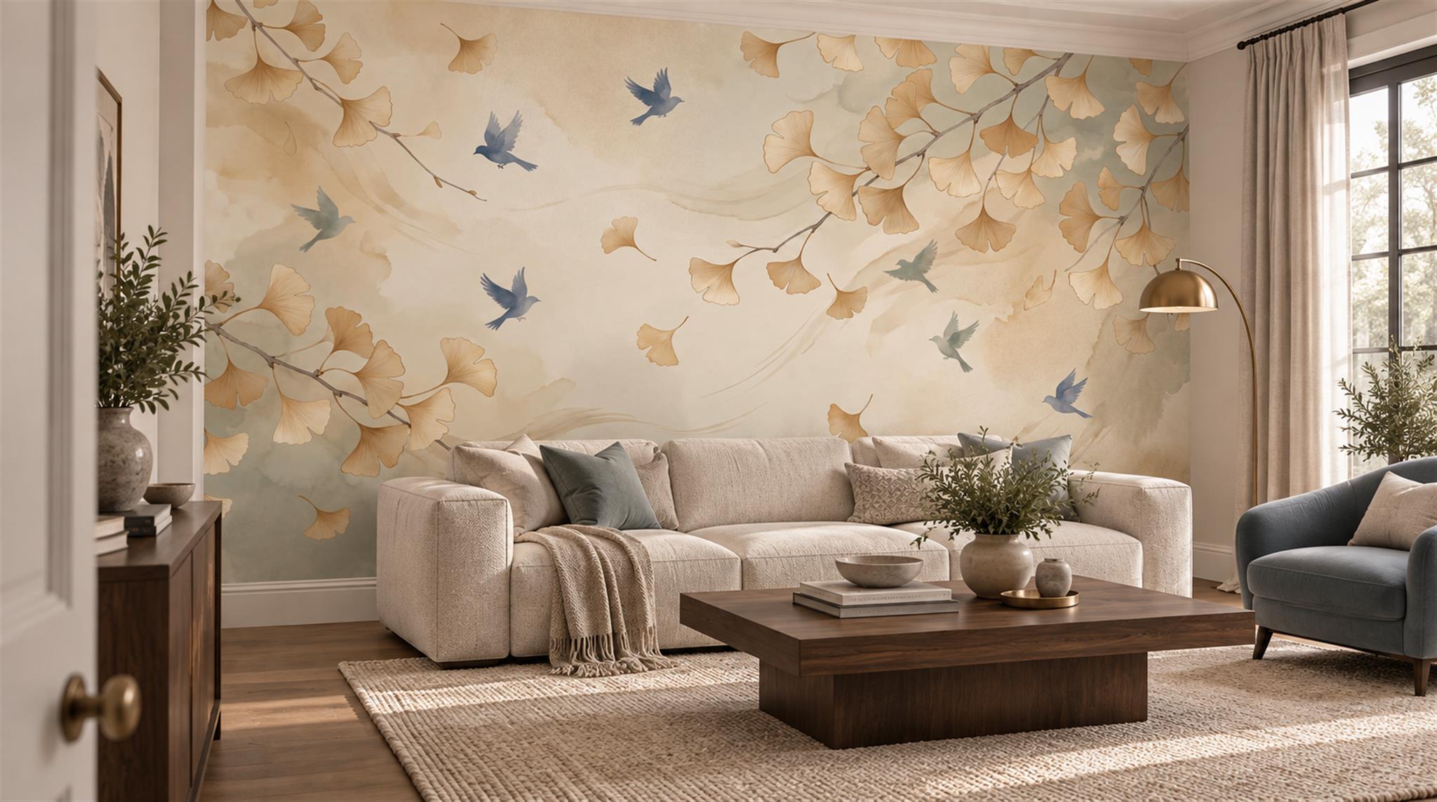 Gold And Neutral Bird Forms Wallpaper Mural Living-room-wallpaper-murals, Shown In A Living Room, Peel-and-stick Finish