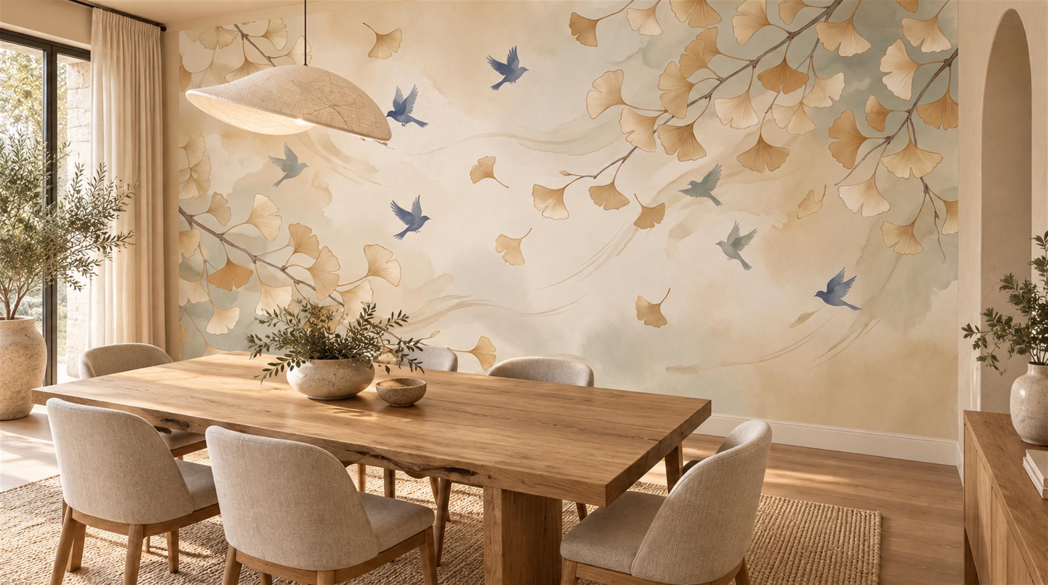 Golden Ginkgo Branches With Flying Birds Wallpaper Mural — Wallpaper Mural Design, Peel-and-stick Finish