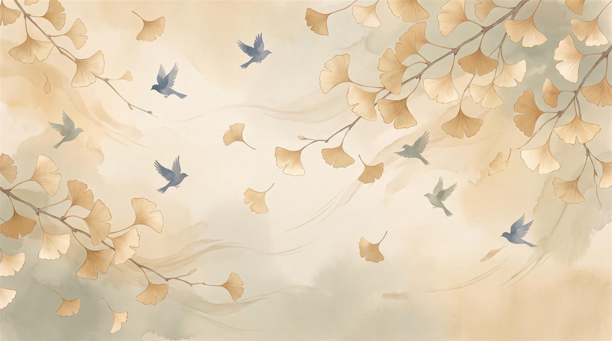 Gold And Neutral Bird Forms Wallpaper Mural Feature-wall-wallpaper-murals, Peel-and-stick Finish