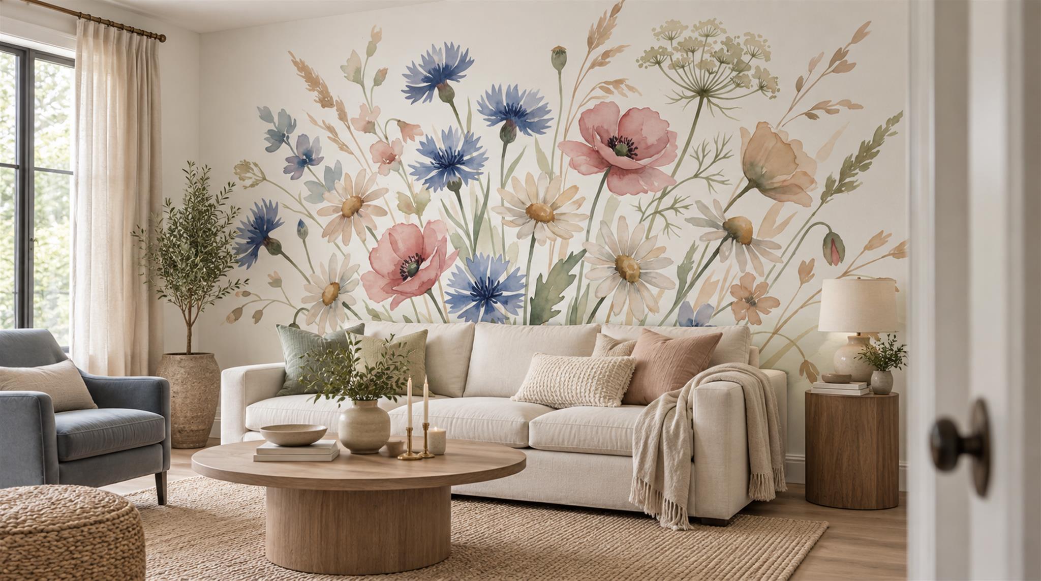 Soft Pastel And Neutral Floral Forms Wallpaper Living-room-wallpaper-murals, Shown In A Living Room, Peel-and-stick Finish