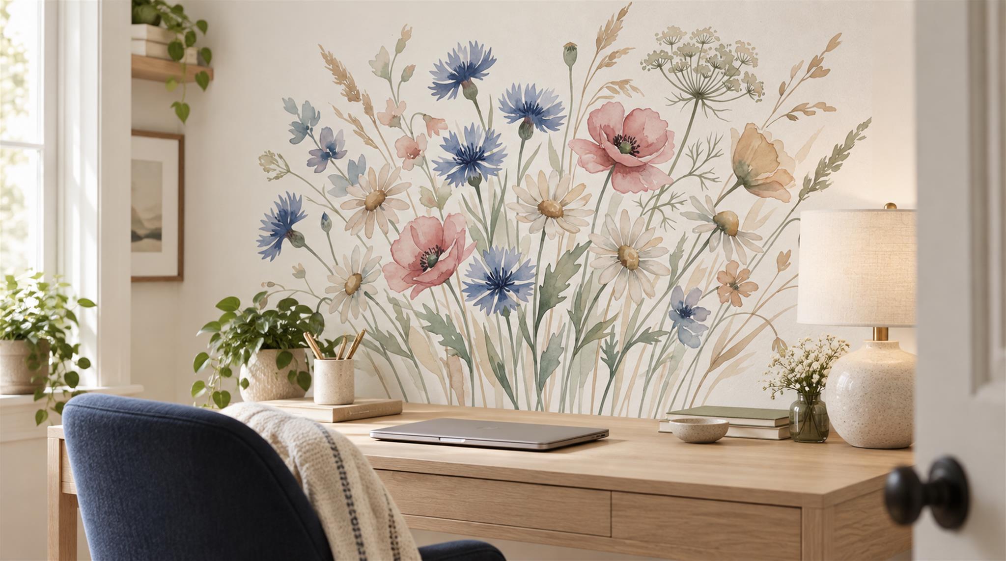 Soft Pastel And Neutral Floral Forms Wallpaper Office-wallpaper-murals, Shown In A Home Office, Peel-and-stick Finish