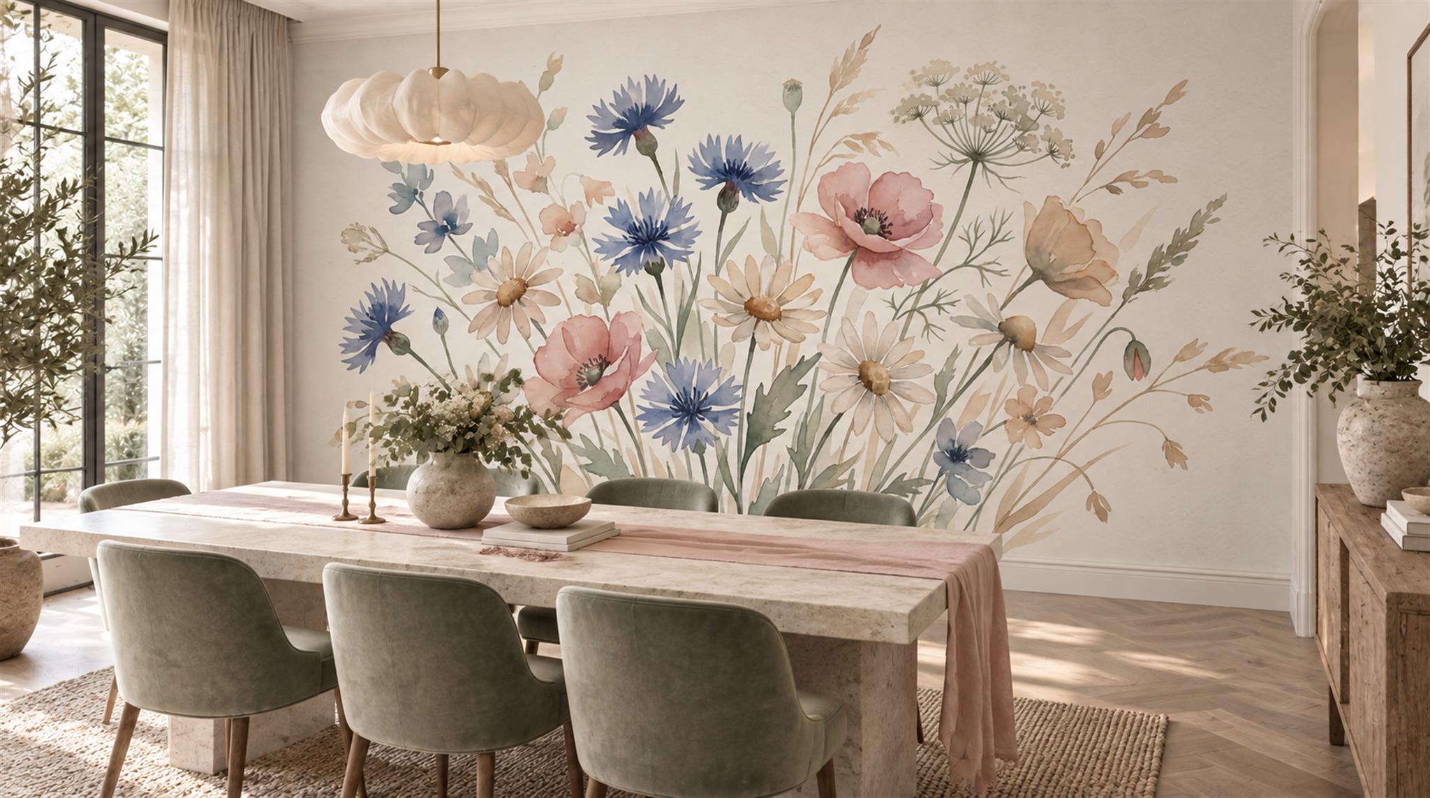 Soft Pastel And Neutral Floral Forms Wallpaper Dining-room-wallpaper-murals, Peel-and-stick Finish