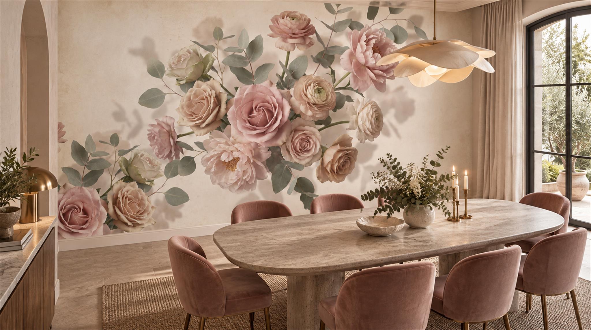 Cream And Neutral Decorative Patterning Wallpaper Mural Dining-room-wallpaper-murals, Peel-and-stick Finish