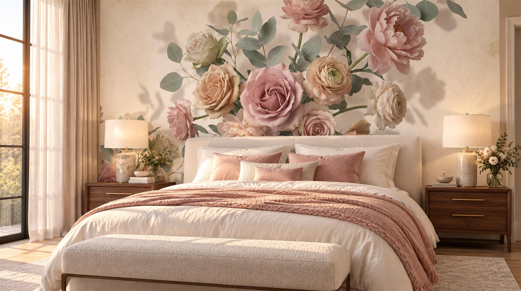 Cream And Neutral Decorative Patterning Wallpaper Mural Bedroom-wallpaper-murals, Peel-and-stick Finish