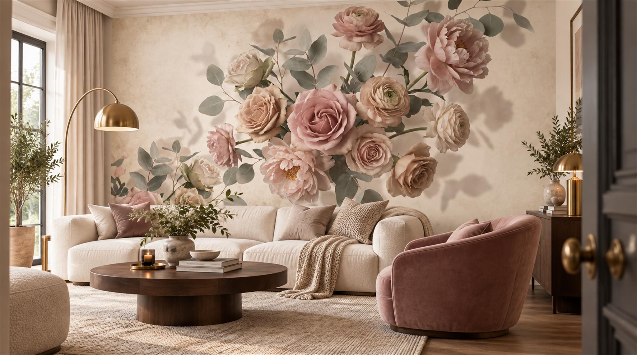 Cream And Neutral Decorative Patterning Wallpaper Mural Living-room-wallpaper-murals, Shown In A Living Room, Peel-and-stick Finish