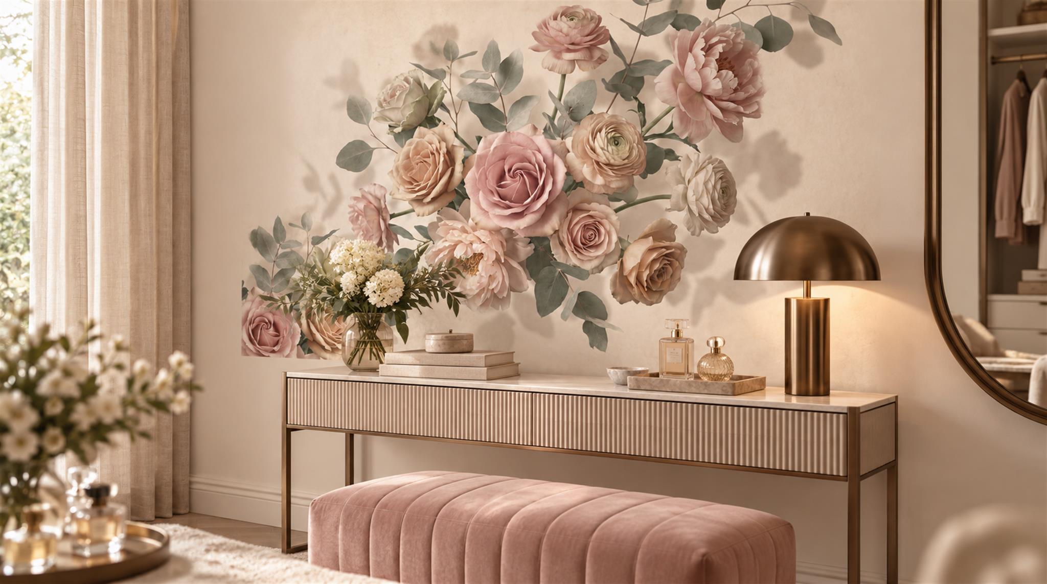 Cream And Neutral Decorative Patterning Wallpaper Mural Accent-wall-wallpaper-murals, Peel-and-stick Finish