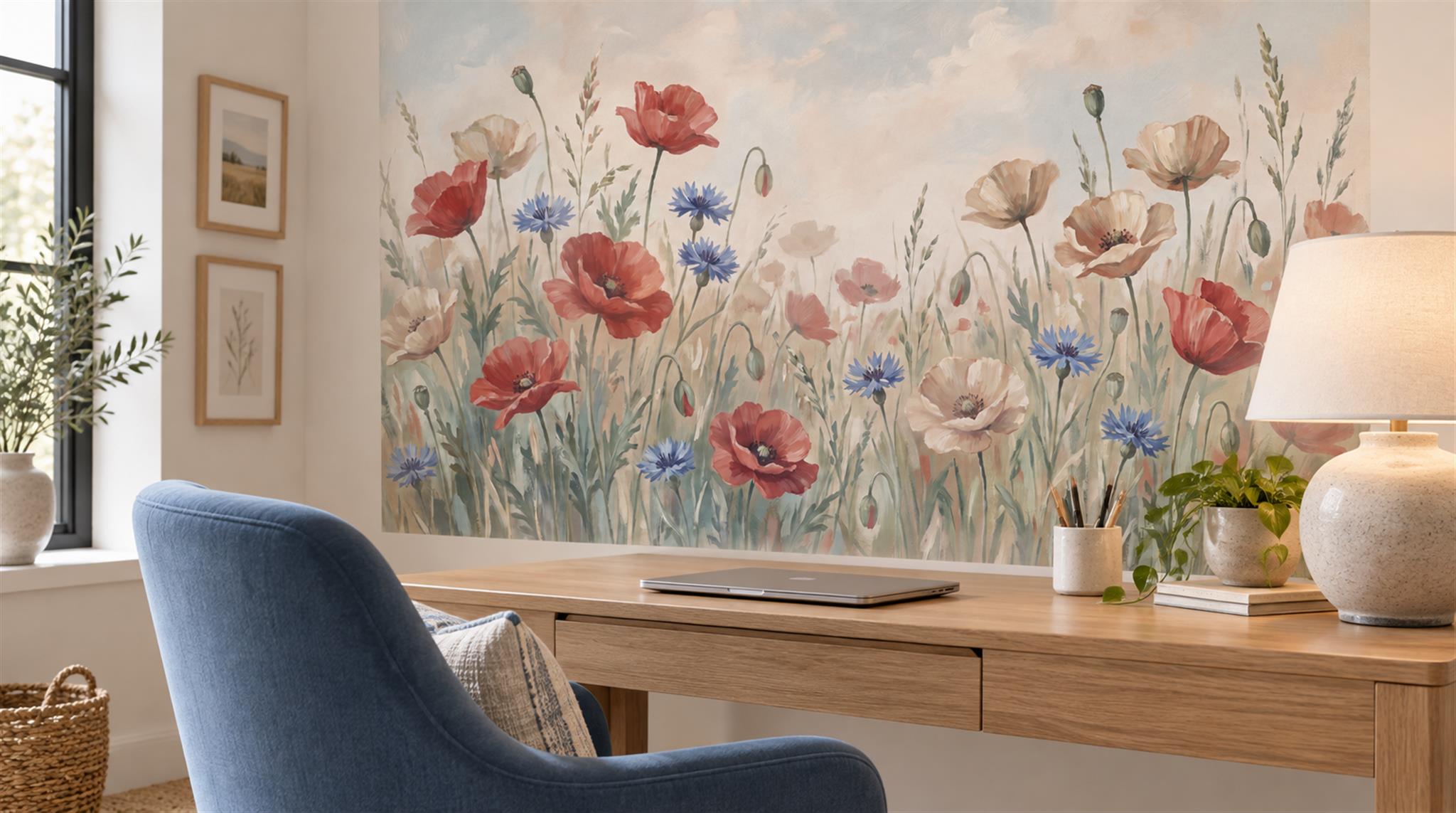 Sage Green And Neutral Abstract Forms Wallpaper Layered Marks Office-wallpaper-murals, Shown In A Home Office, Peel-and-stick Finish