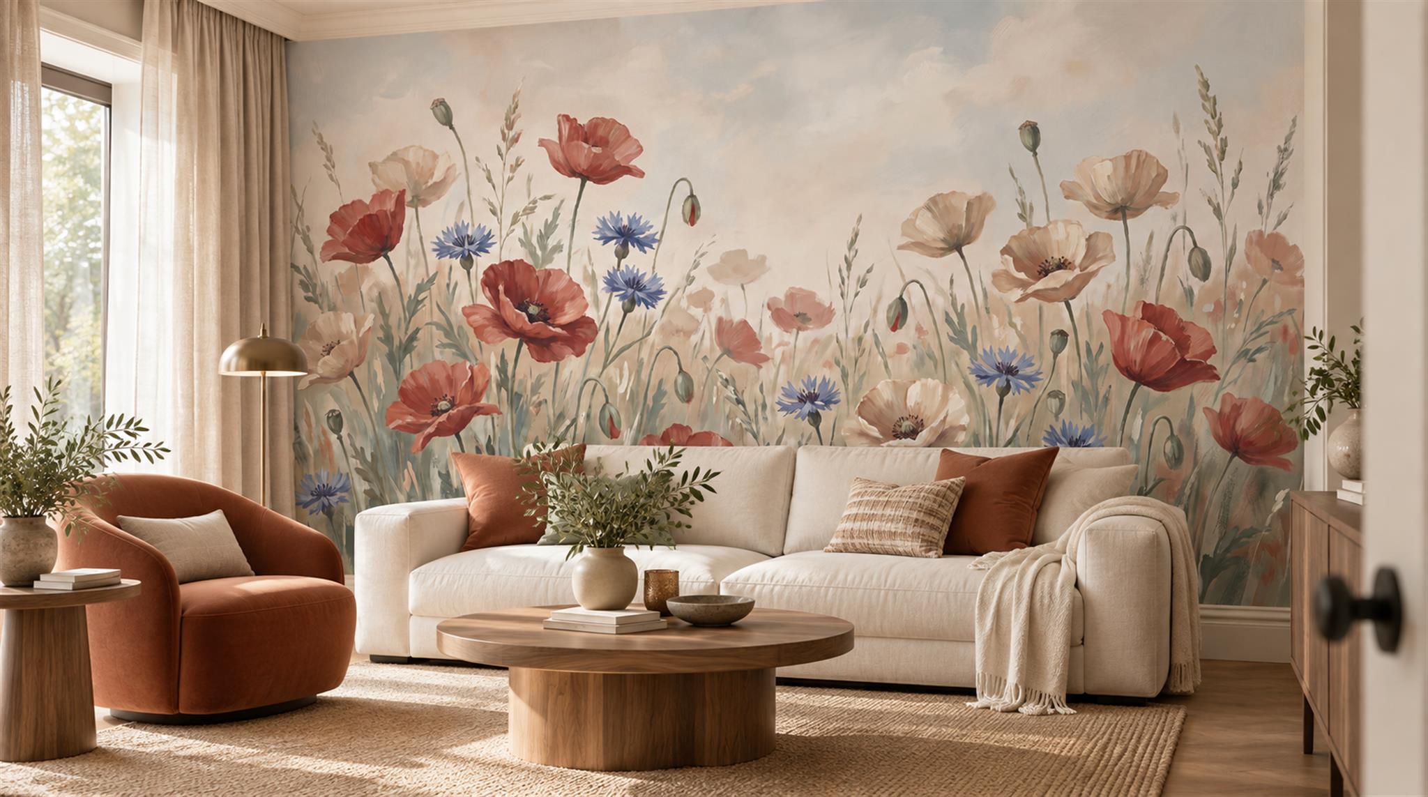 Sage Green And Neutral Abstract Forms Wallpaper Layered Marks Living-room-wallpaper-murals, Shown In A Living Room, Peel-and-stick Finish