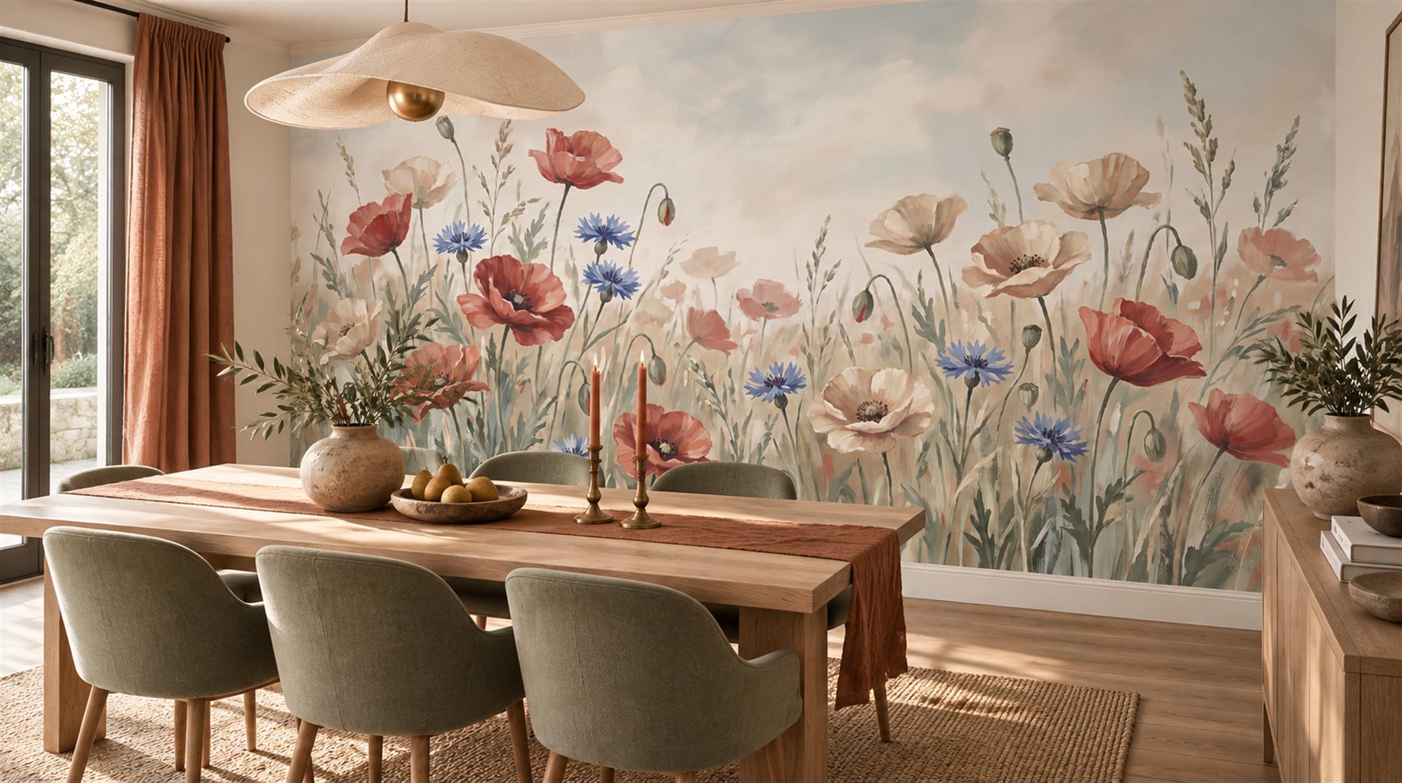 Poppies And Cornflowers Meadow Wallpaper Mural — Wallpaper Mural Design, Peel-and-stick Finish