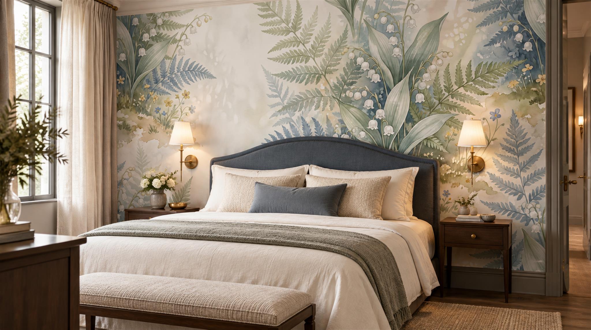 Ivory And Neutral Fern Foliage Layered Wallpaper Mural Feature-wall-wallpaper-murals, Peel-and-stick Finish