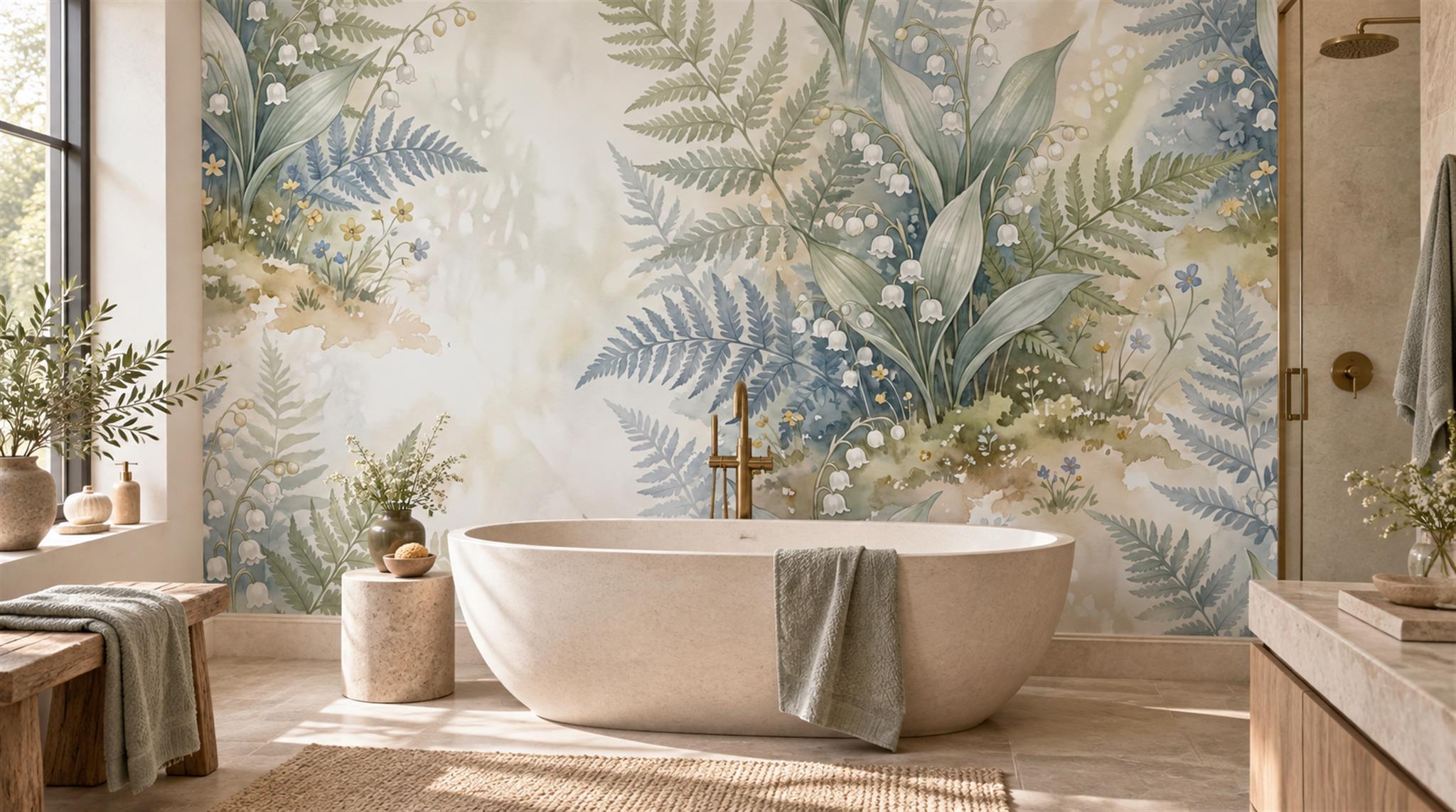 Ivory And Neutral Fern Foliage Layered Wallpaper Mural Accent-wall-wallpaper-murals, Peel-and-stick Finish