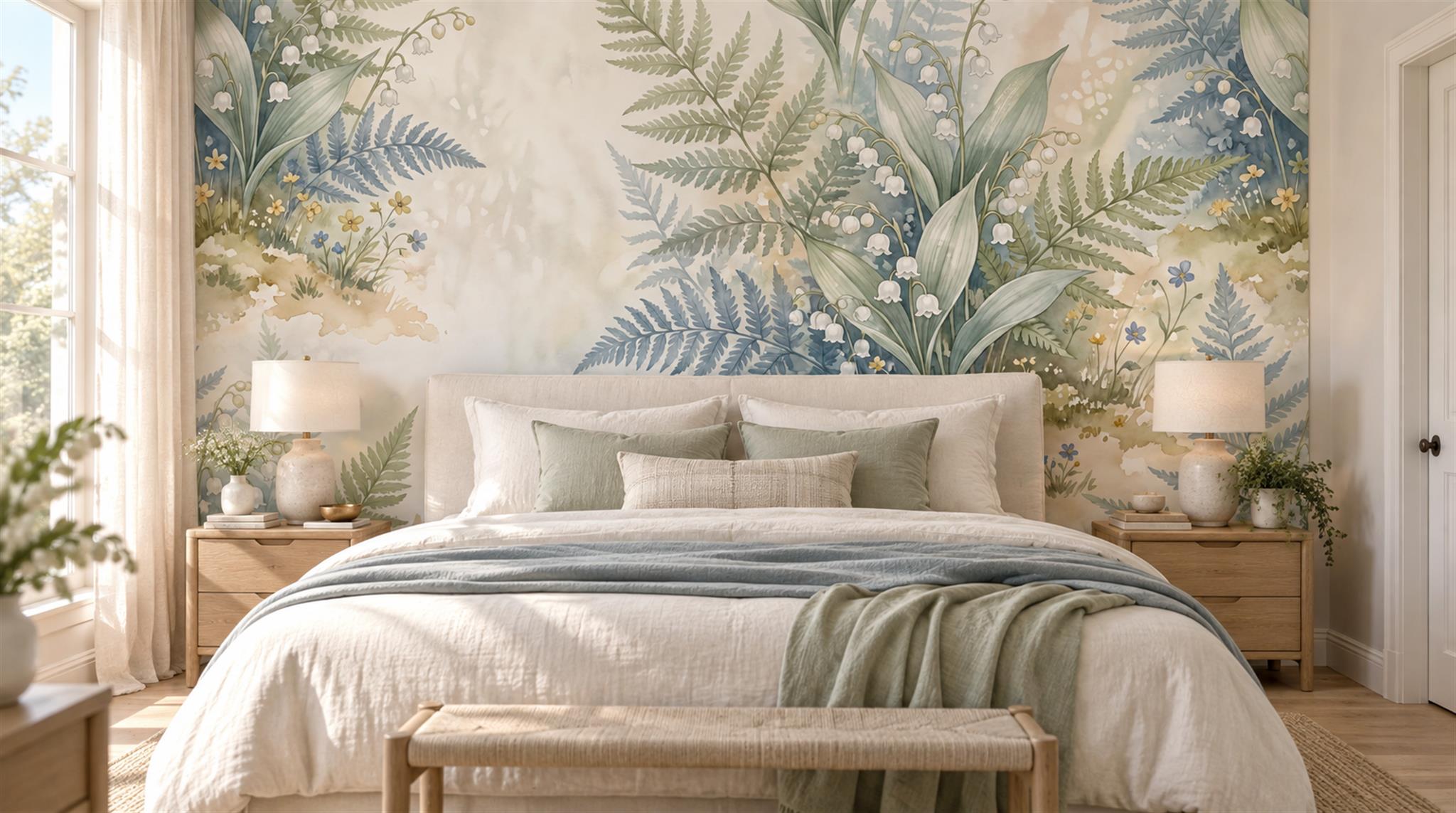 Ivory And Neutral Fern Foliage Layered Wallpaper Mural Bedroom-wallpaper-murals, Peel-and-stick Finish