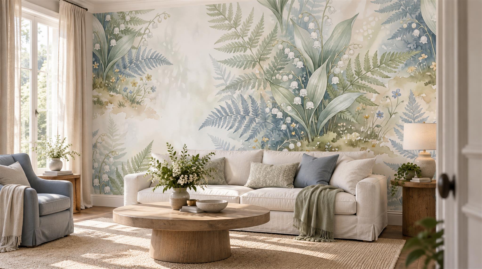 Ivory And Neutral Fern Foliage Layered Wallpaper Mural Living-room-wallpaper-murals, Shown In A Living Room, Peel-and-stick Finish