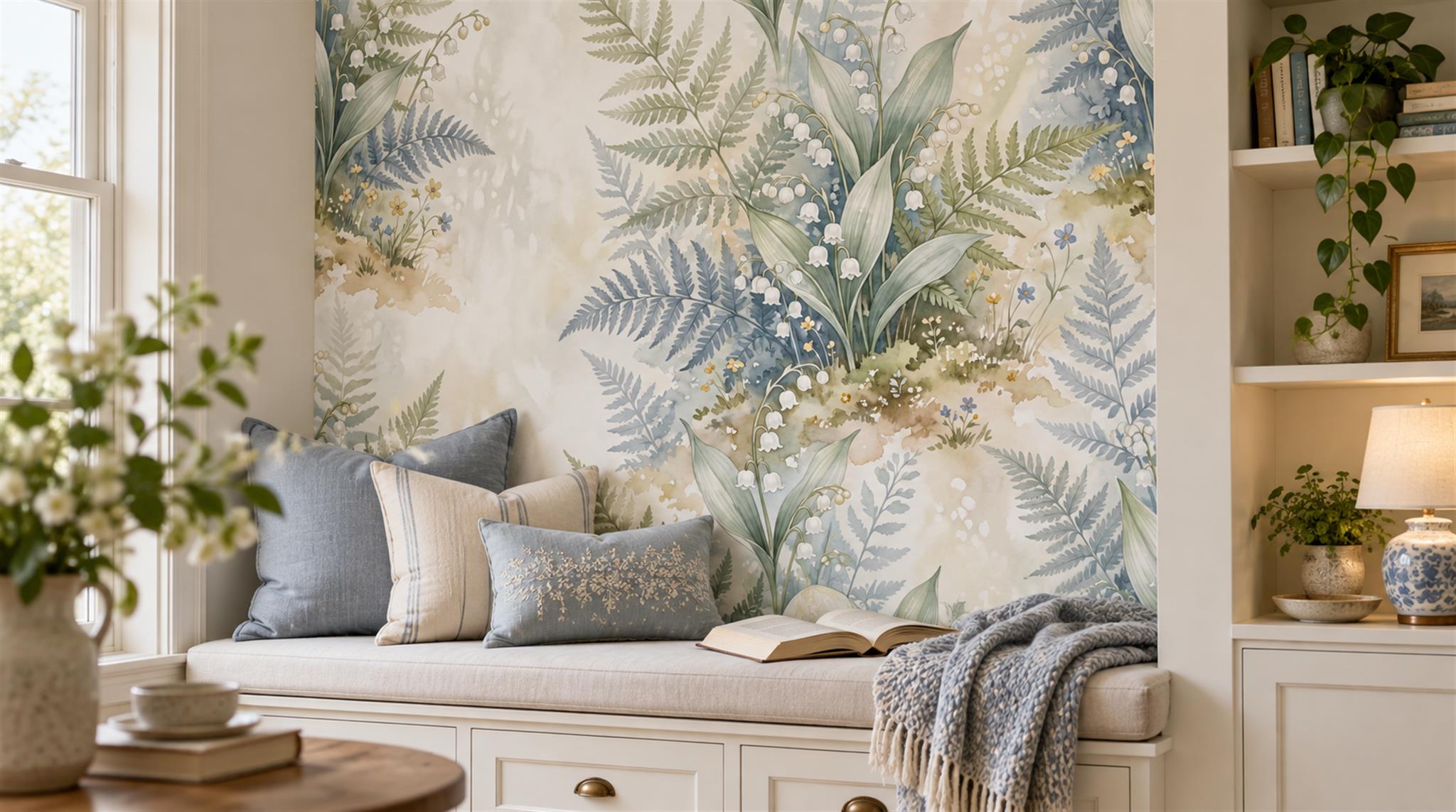 Ivory And Neutral Fern Foliage Layered Wallpaper Mural Accent-wall-wallpaper-murals, Peel-and-stick Finish