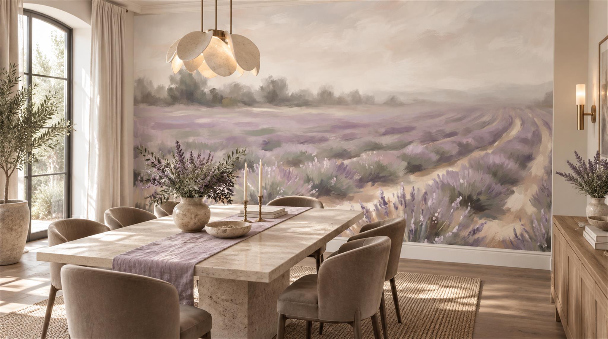 Red And Neutral Decorative Patterning Wallpaper Mural Layered Surface Dining-room-wallpaper-murals, Shown In A Dining Room, Peel-and-stick Finish