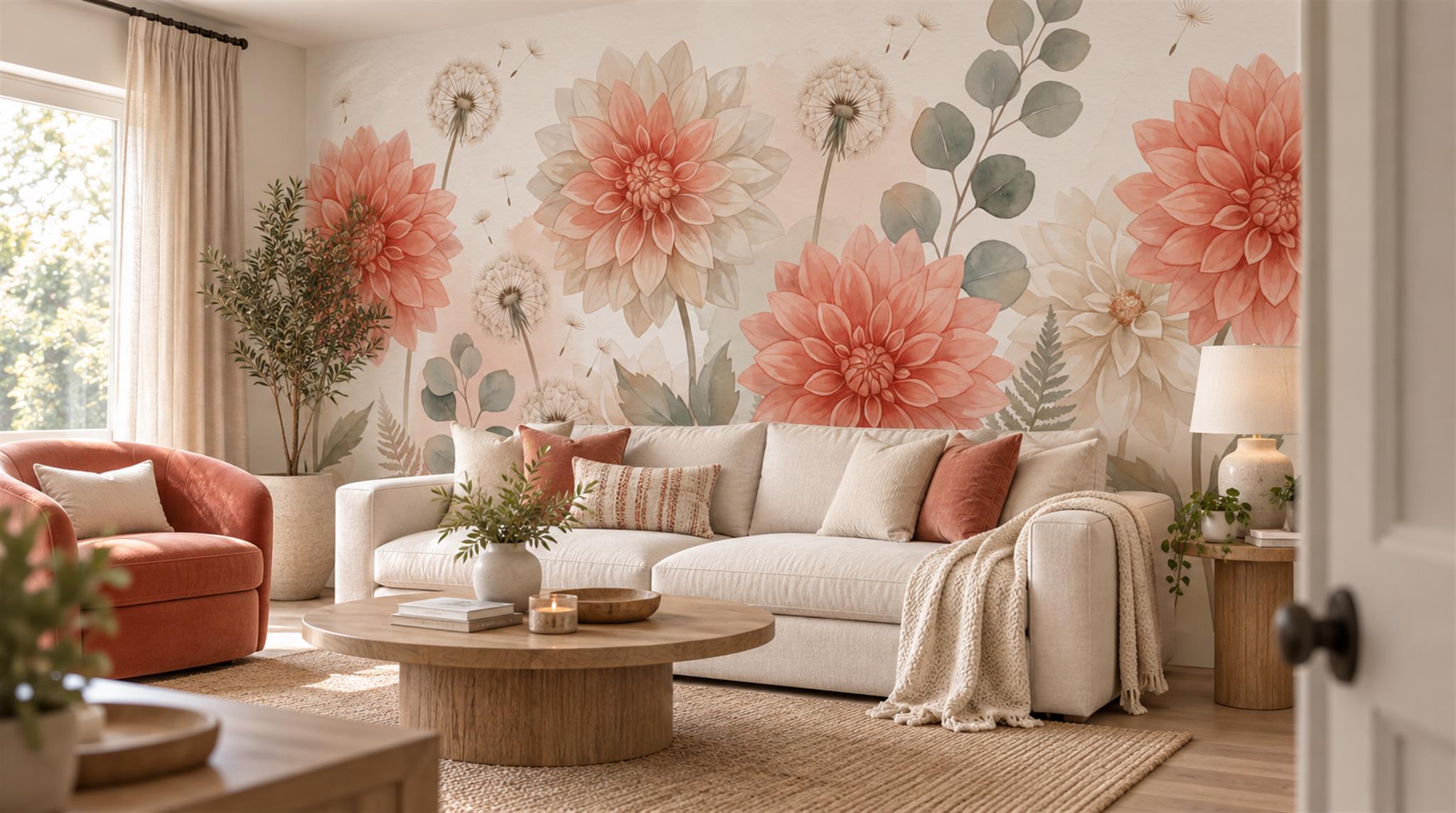 Red And Neutral Decorative Patterning Wallpaper Mural Layered Brushwork Living-room-wallpaper-murals, Shown In A Living Room, Peel-and-stick Finish