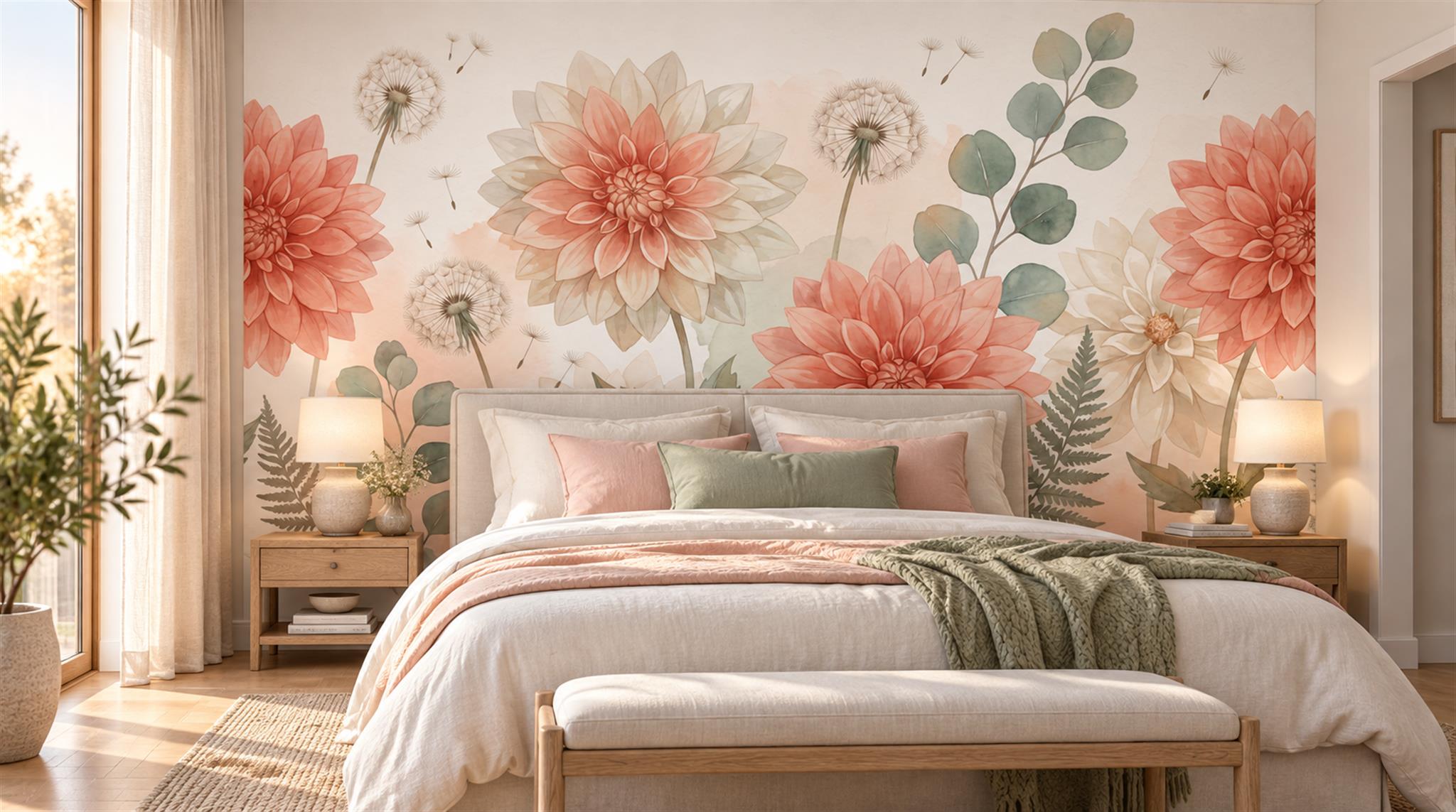 Red And Neutral Decorative Patterning Wallpaper Mural Layered Brushwork Bedroom-wallpaper-murals, Peel-and-stick Finish