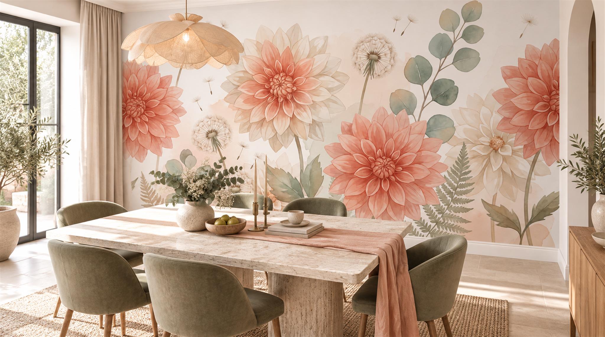 Peach Dahlias And White Daisies Wallpaper Mural — Wallpaper Mural Design, Peel-and-stick Finish