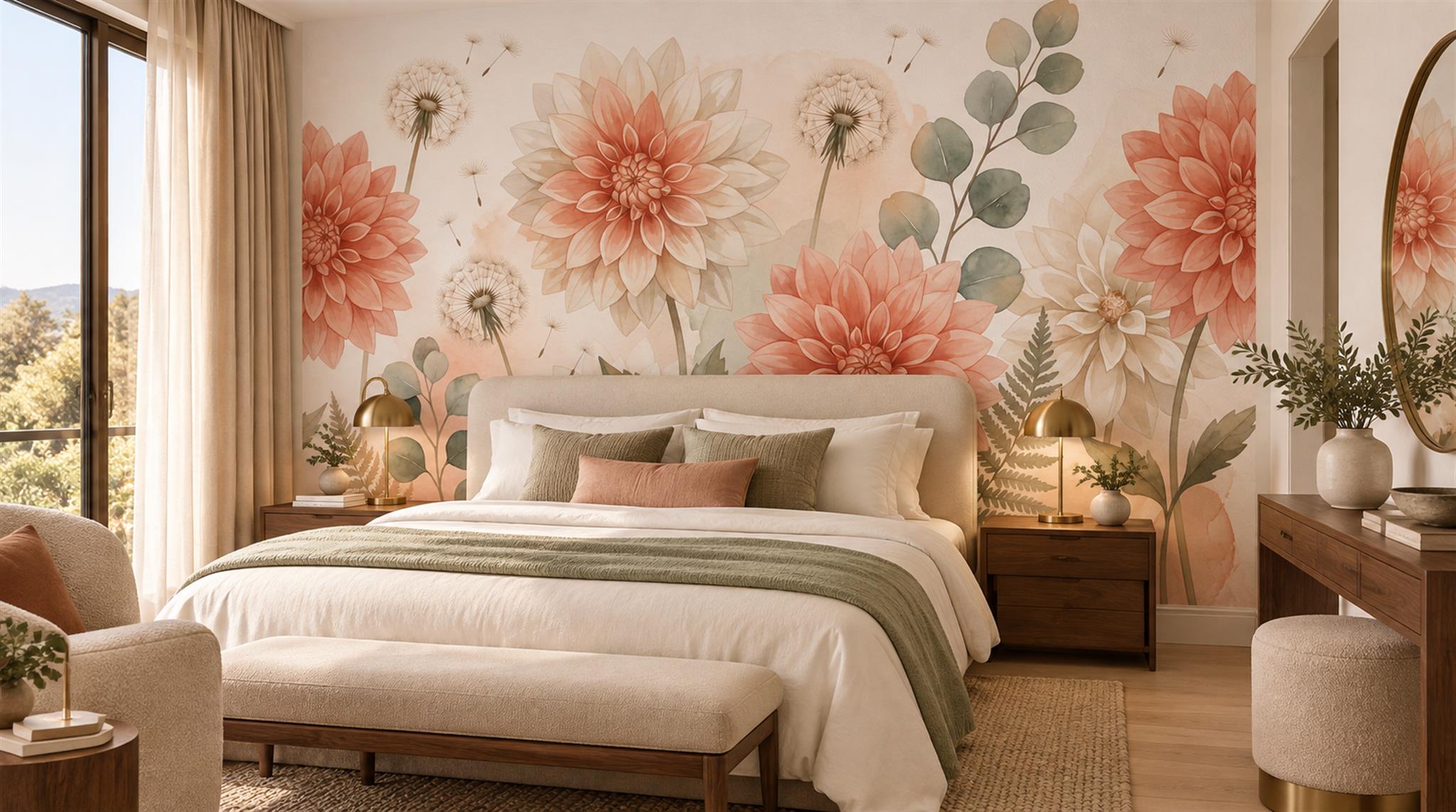 Red And Neutral Decorative Patterning Wallpaper Mural Layered Brushwork Accent-wall-wallpaper-murals, Peel-and-stick Finish