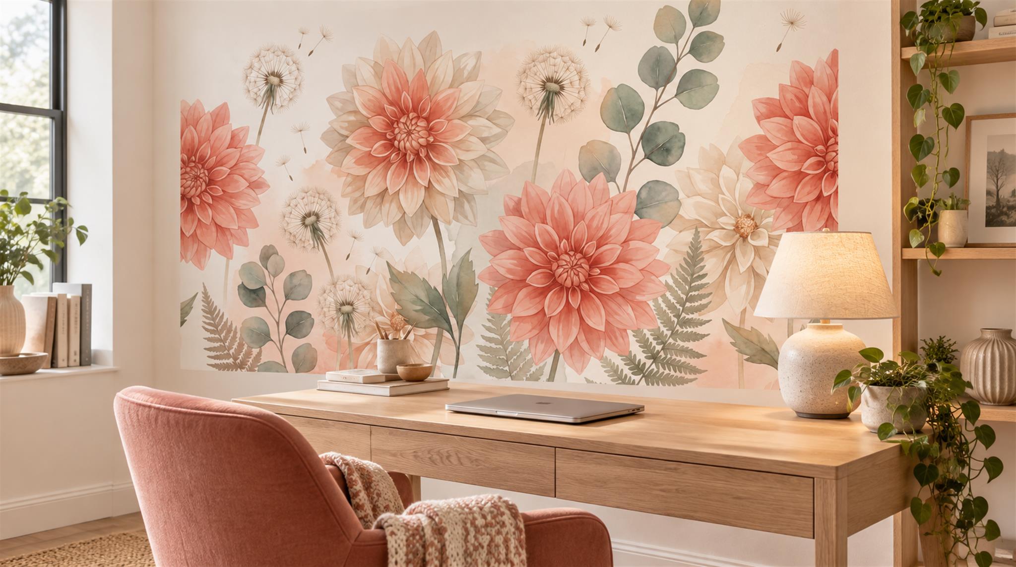 Red And Neutral Decorative Patterning Wallpaper Mural Layered Brushwork Office-wallpaper-murals, Shown In A Home Office, Peel-and-stick Finish