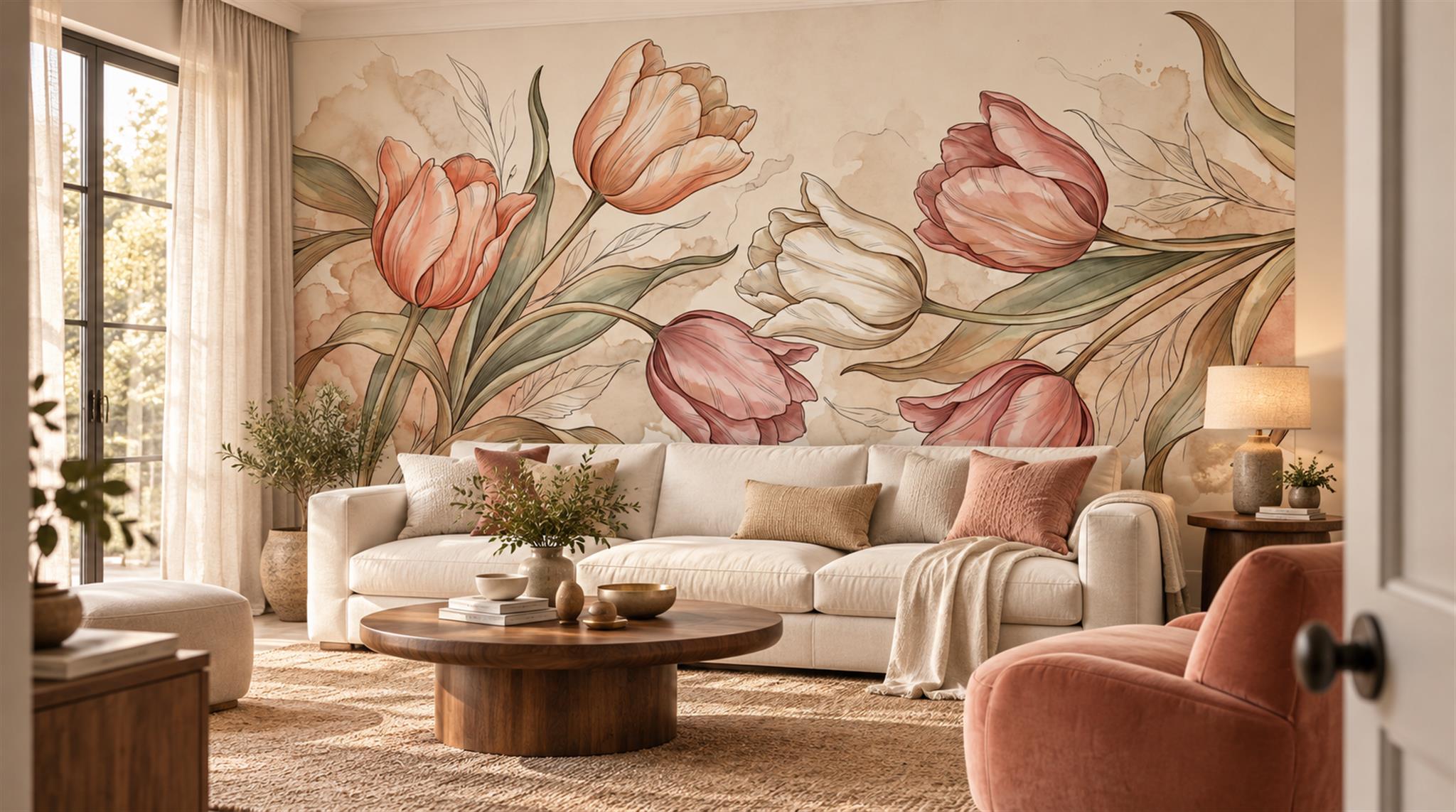 Red And Neutral Decorative Patterning Wallpaper Mural Layered Detail Living-room-wallpaper-murals, Shown In A Living Room, Peel-and-stick Finish
