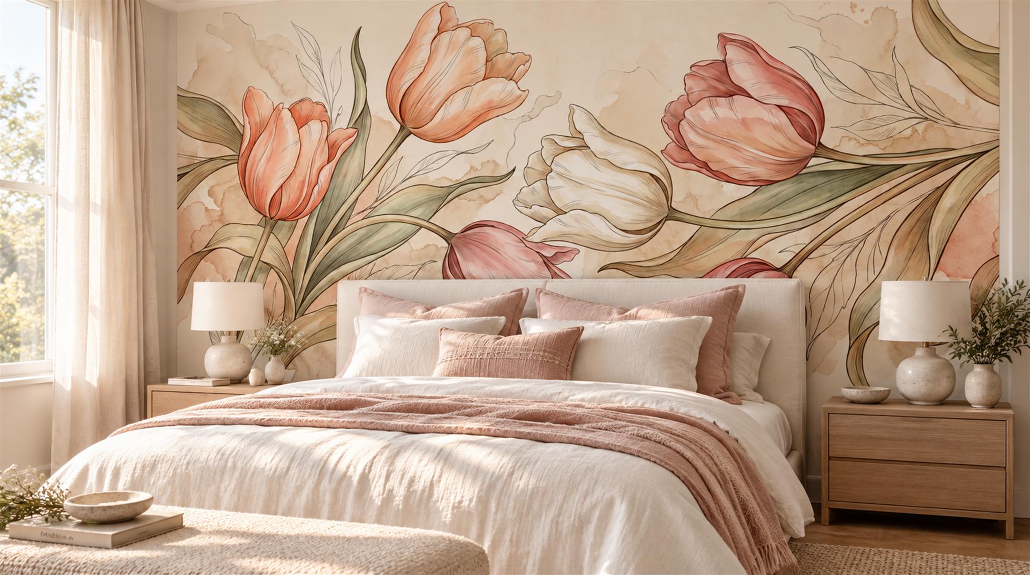Red And Neutral Decorative Patterning Wallpaper Mural Layered Detail Bedroom-wallpaper-murals, Peel-and-stick Finish