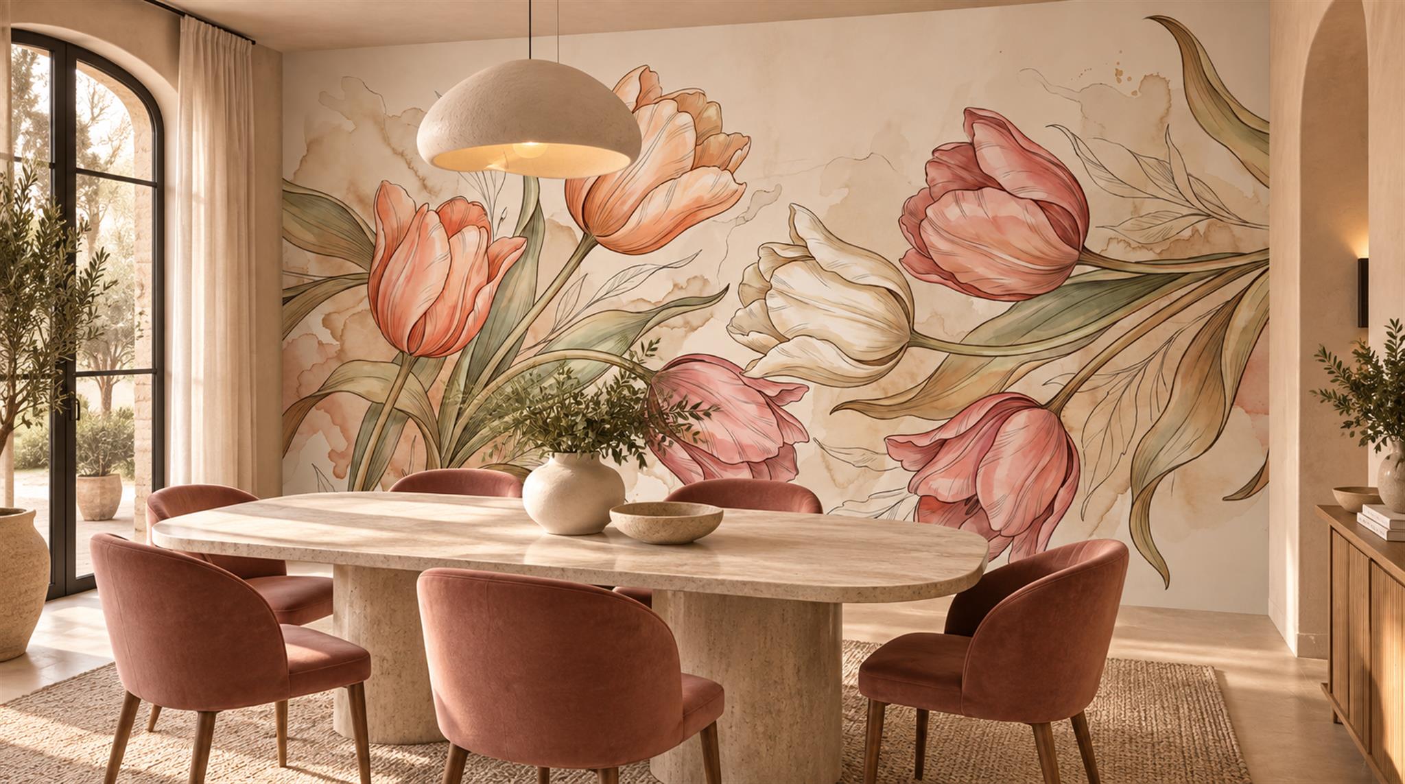 Red And Neutral Decorative Patterning Wallpaper Mural Layered Detail Dining-room-wallpaper-murals, Shown In A Dining Room, Peel-and-stick Finish