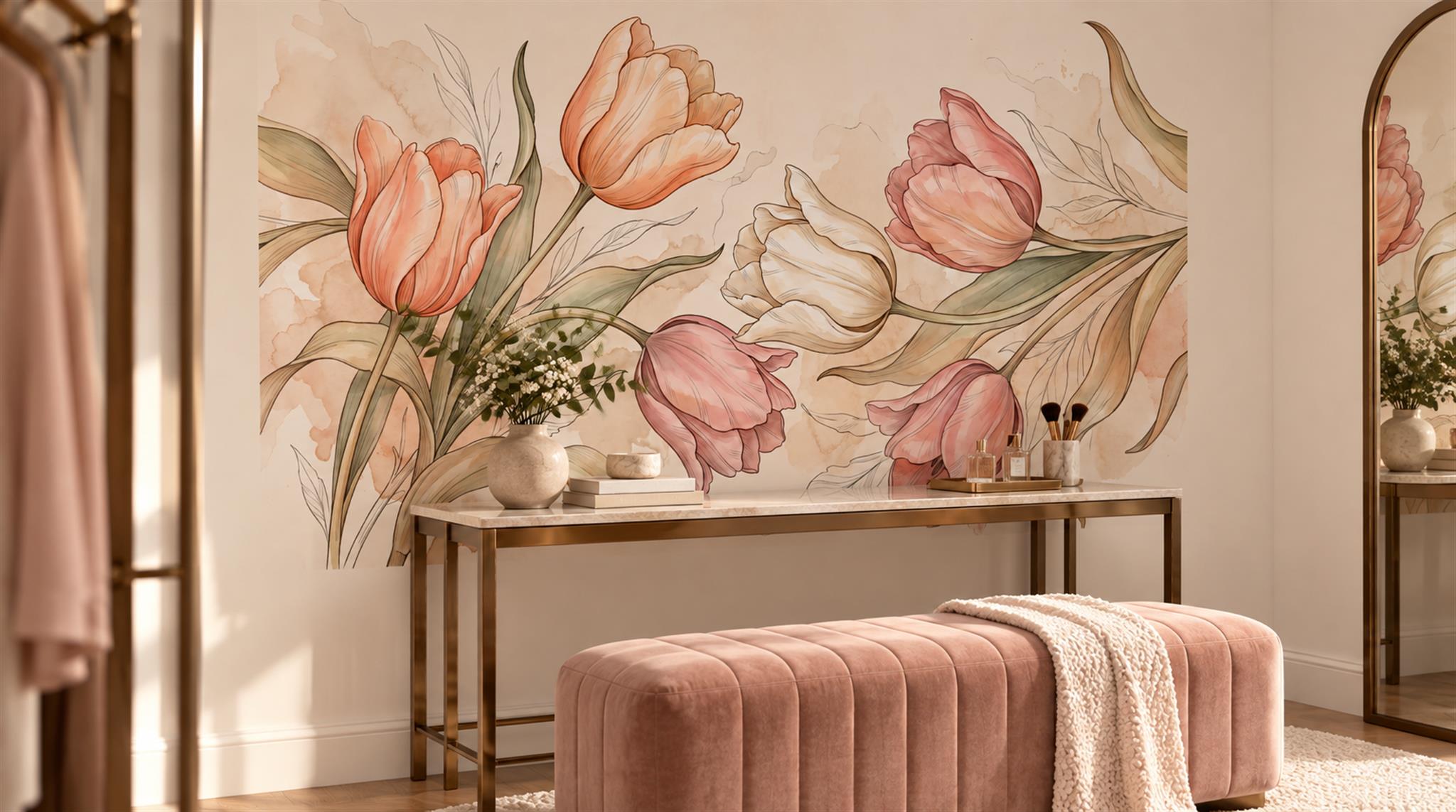 Red And Neutral Decorative Patterning Wallpaper Mural Layered Detail Accent-wall-wallpaper-murals, Peel-and-stick Finish