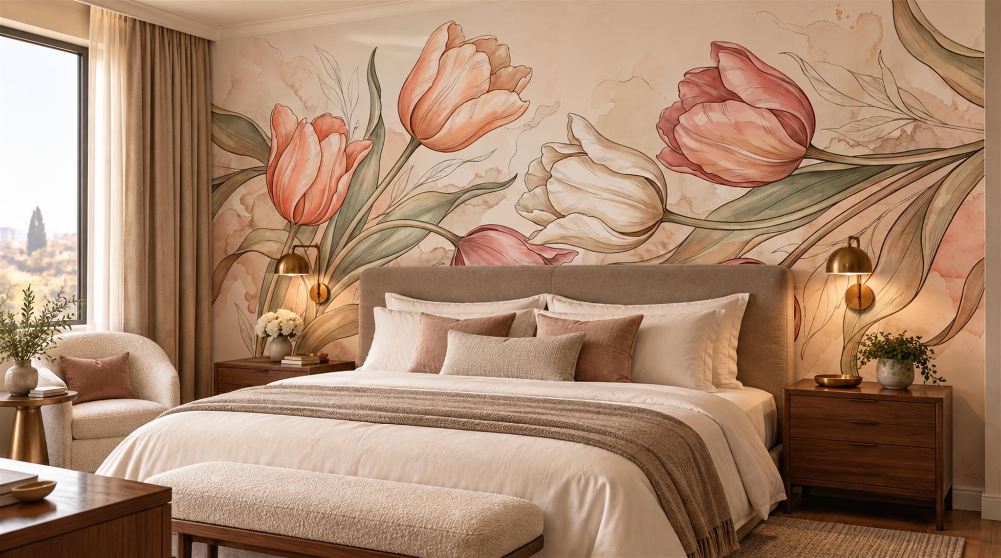 Red And Neutral Decorative Patterning Wallpaper Mural Layered Detail Accent-wall-wallpaper-murals, Peel-and-stick Finish