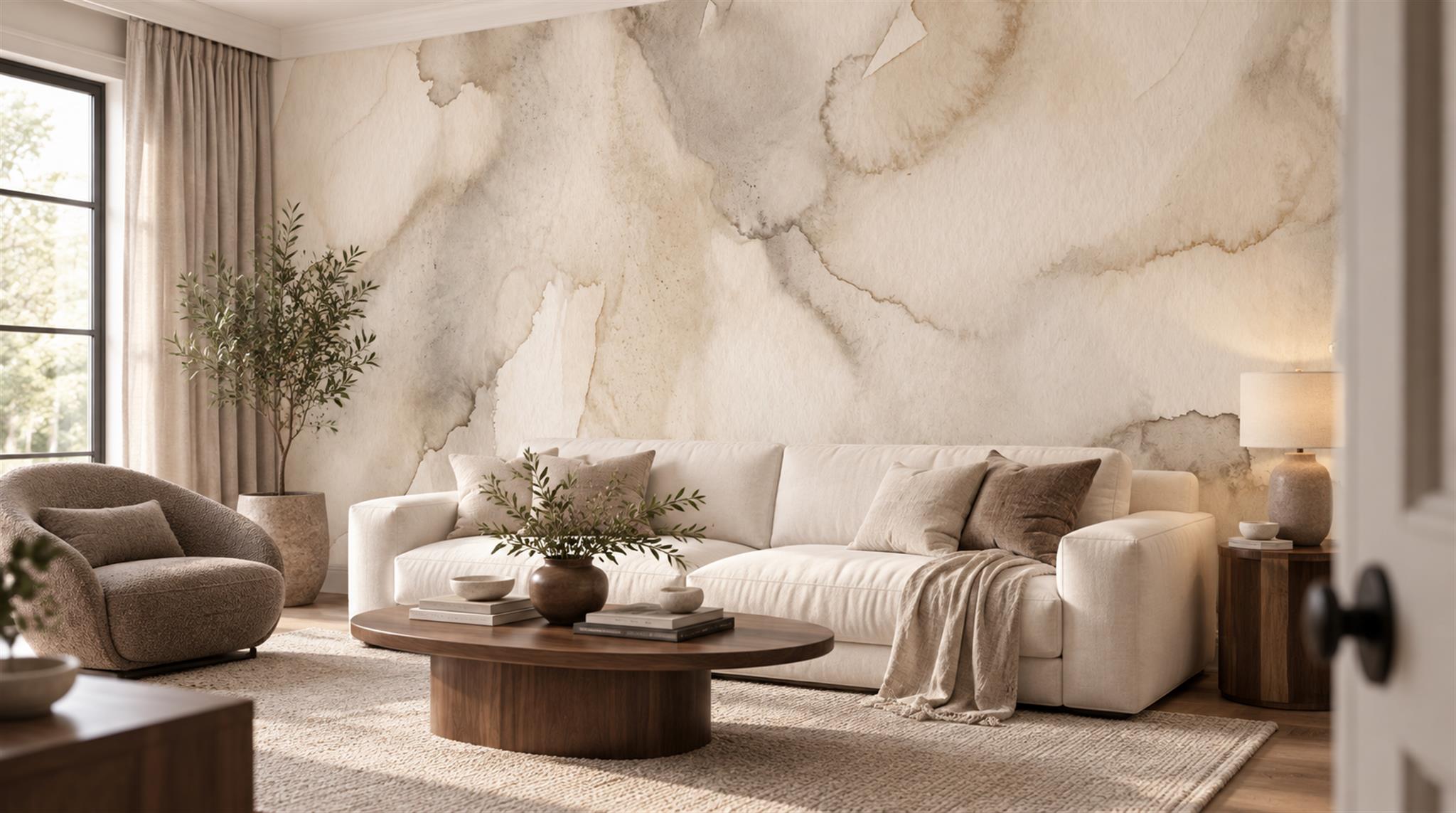 Red And Neutral Decorative Patterning Wallpaper Mural Layered Quiet Living-room-wallpaper-murals, Shown In A Living Room, Peel-and-stick Finish