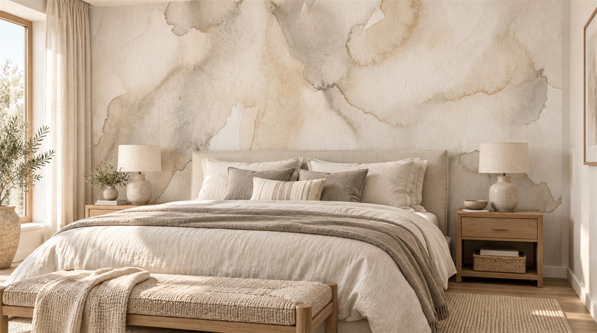 Red And Neutral Decorative Patterning Wallpaper Mural Layered Quiet Bedroom-wallpaper-murals, Peel-and-stick Finish