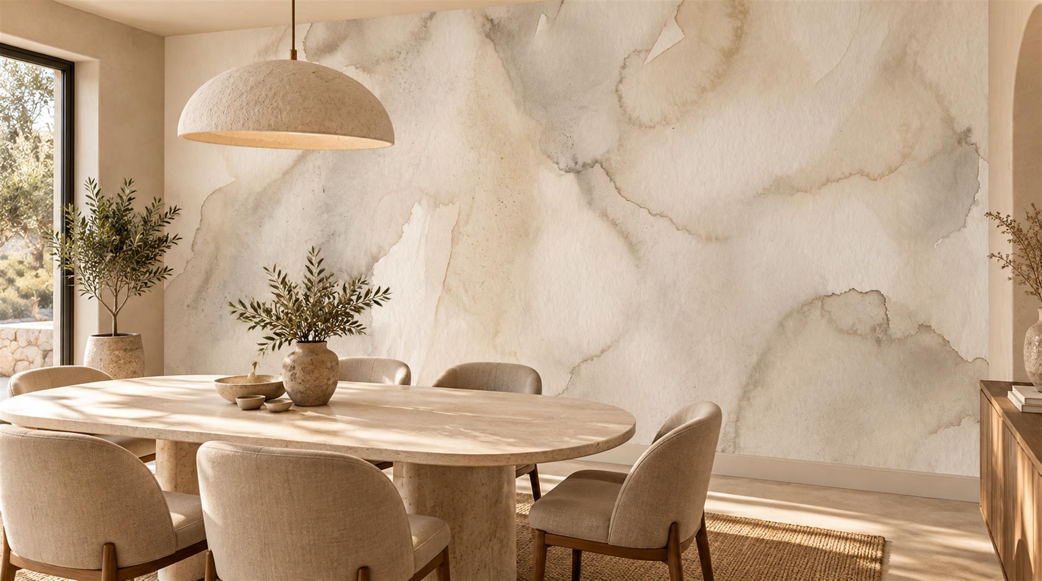Red And Neutral Decorative Patterning Wallpaper Mural Layered Quiet Dining-room-wallpaper-murals, Shown In A Dining Room, Peel-and-stick Finish