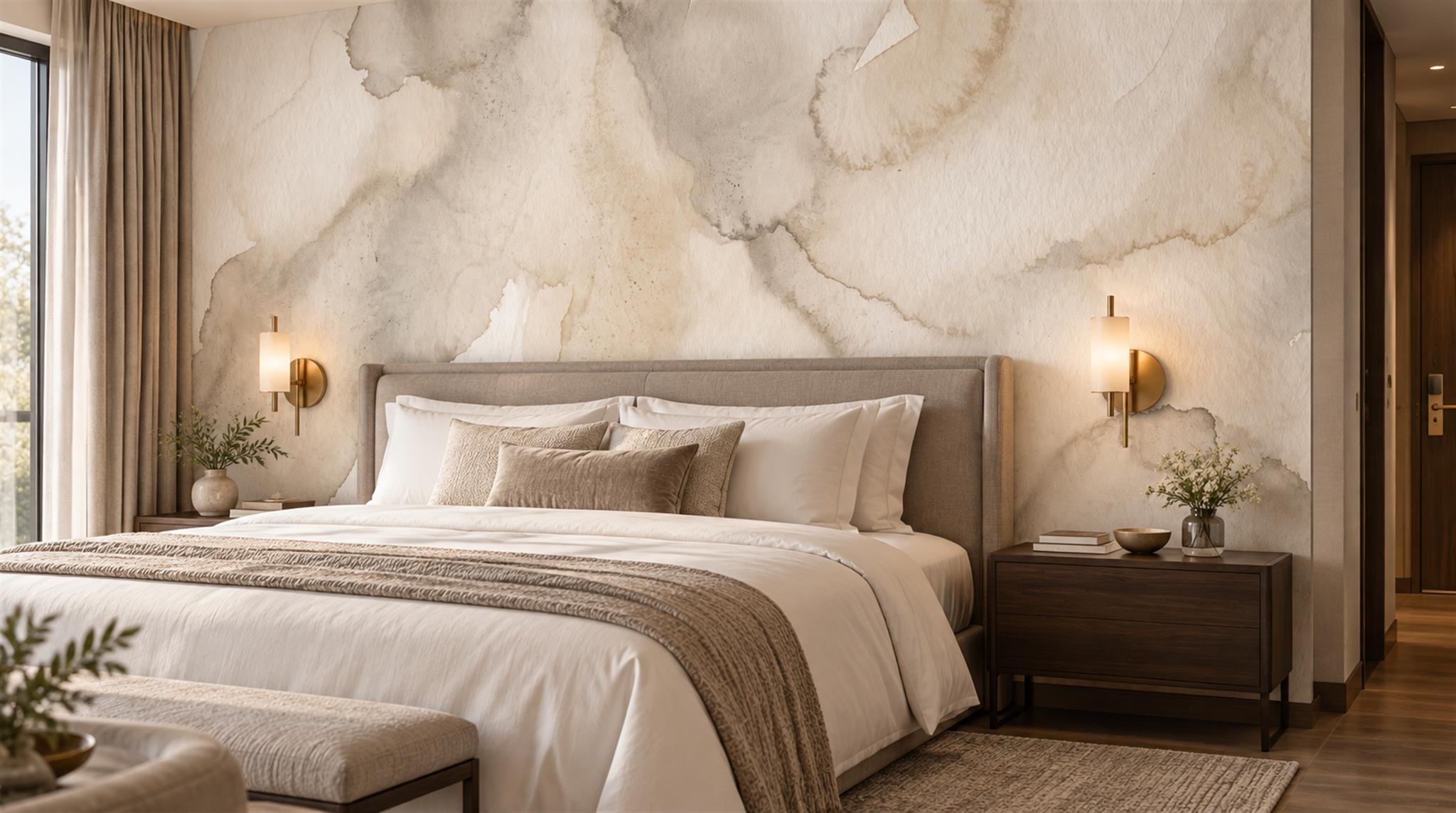 Red And Neutral Decorative Patterning Wallpaper Mural Layered Quiet Accent-wall-wallpaper-murals, Peel-and-stick Finish