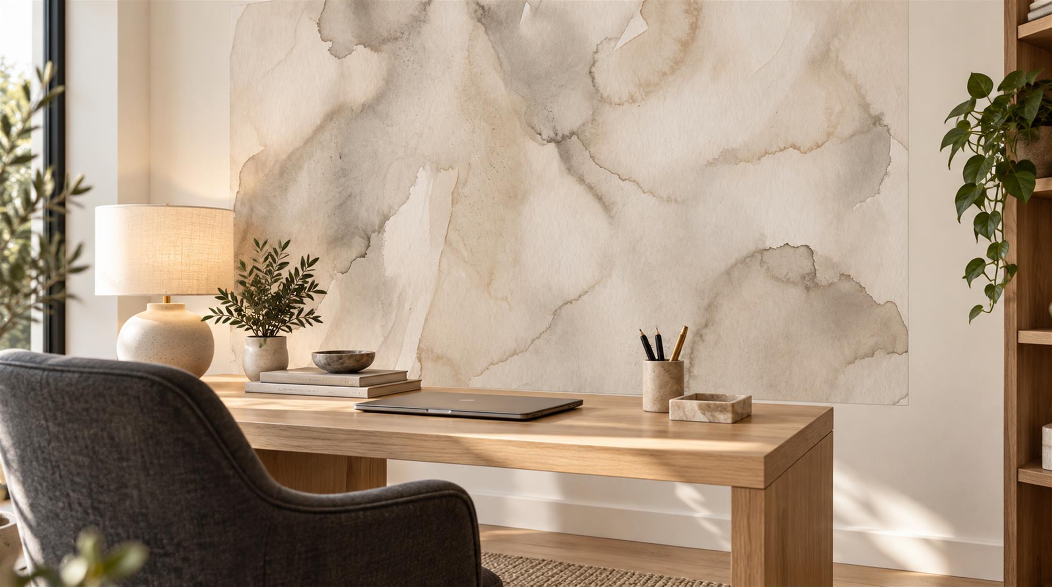 Red And Neutral Decorative Patterning Wallpaper Mural Layered Quiet Office-wallpaper-murals, Shown In A Home Office, Peel-and-stick Finish