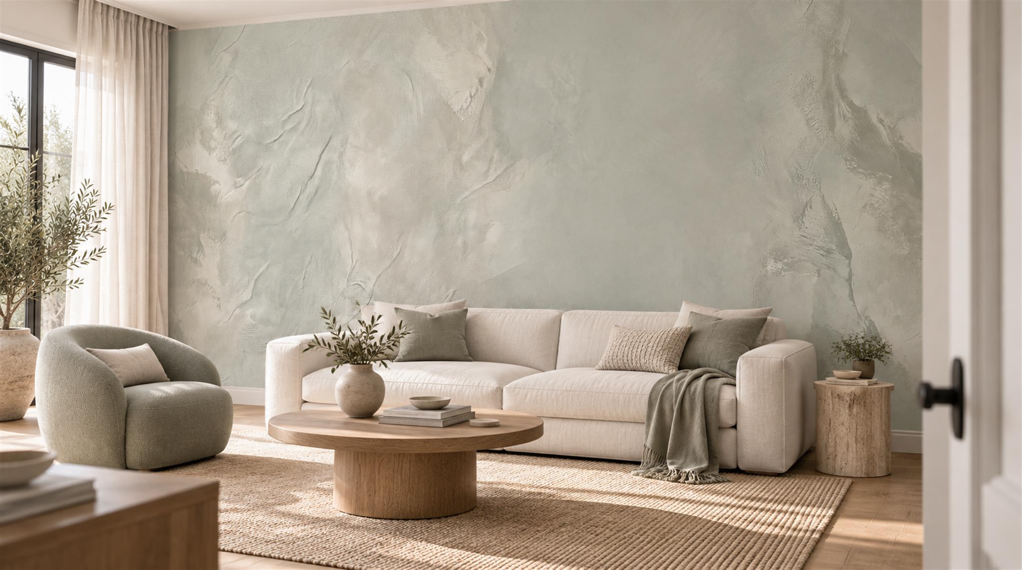 Red And Neutral Decorative Patterning Wallpaper Mural Layered Expressive Living-room-wallpaper-murals, Shown In A Living Room, Peel-and-stick Finish