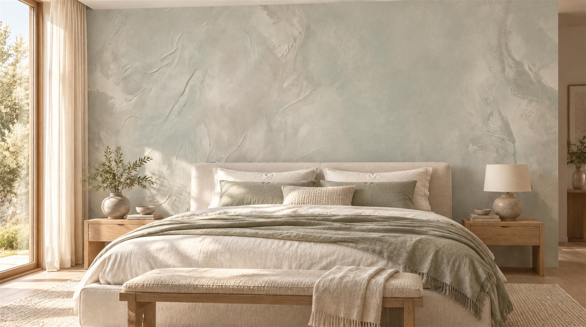 Soft Sage Grey Stone Texture Wallpaper Mural — Installed Wallpaper Mural In A Bedroom, Peel-and-stick Finish