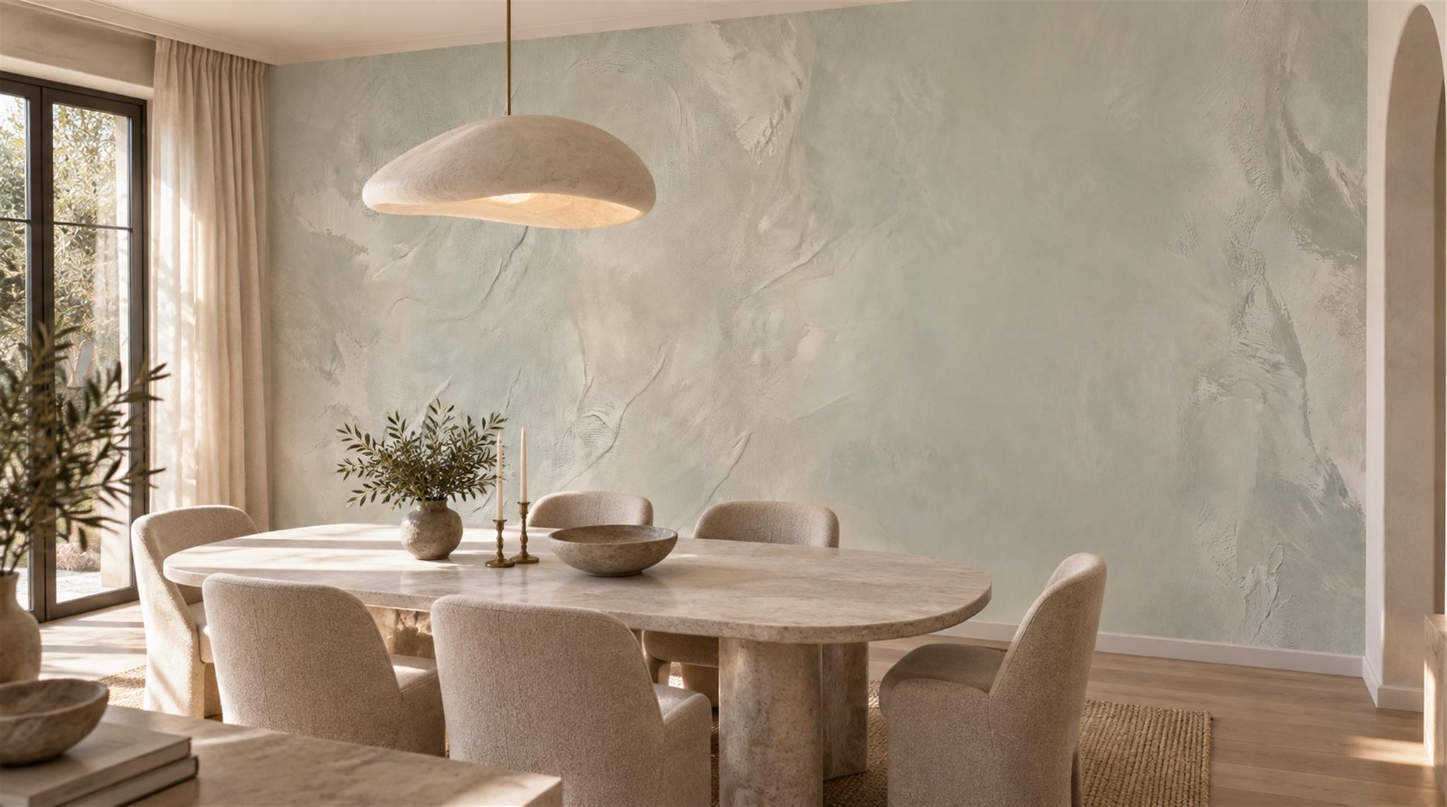 Red And Neutral Decorative Patterning Wallpaper Mural Layered Expressive Dining-room-wallpaper-murals, Shown In A Dining Room, Peel-and-stick Finish