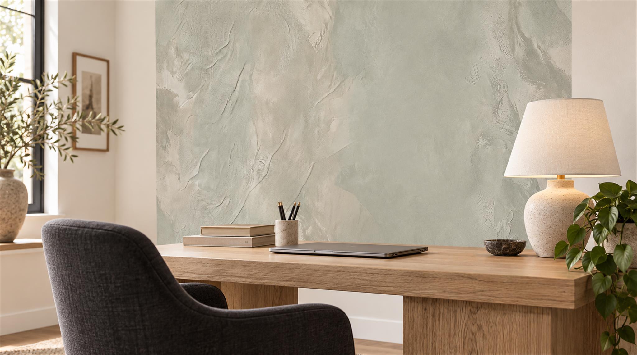 Red And Neutral Decorative Patterning Wallpaper Mural Layered Expressive Office-wallpaper-murals, Shown In A Home Office, Peel-and-stick Finish
