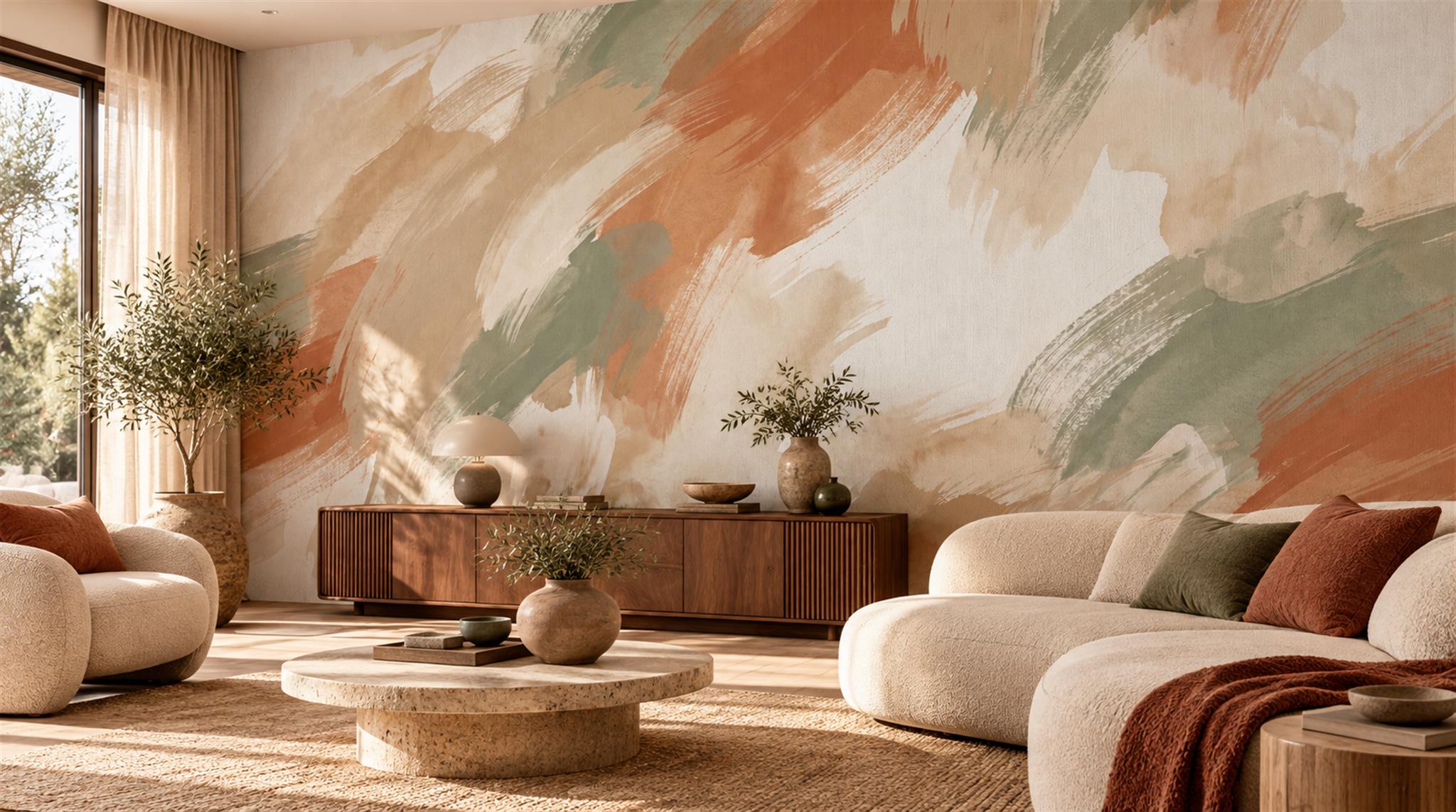 Terracotta And Cream Expressive Brushstroke Wallpaper Mural — Wallpaper Mural Design, Peel-and-stick Finish