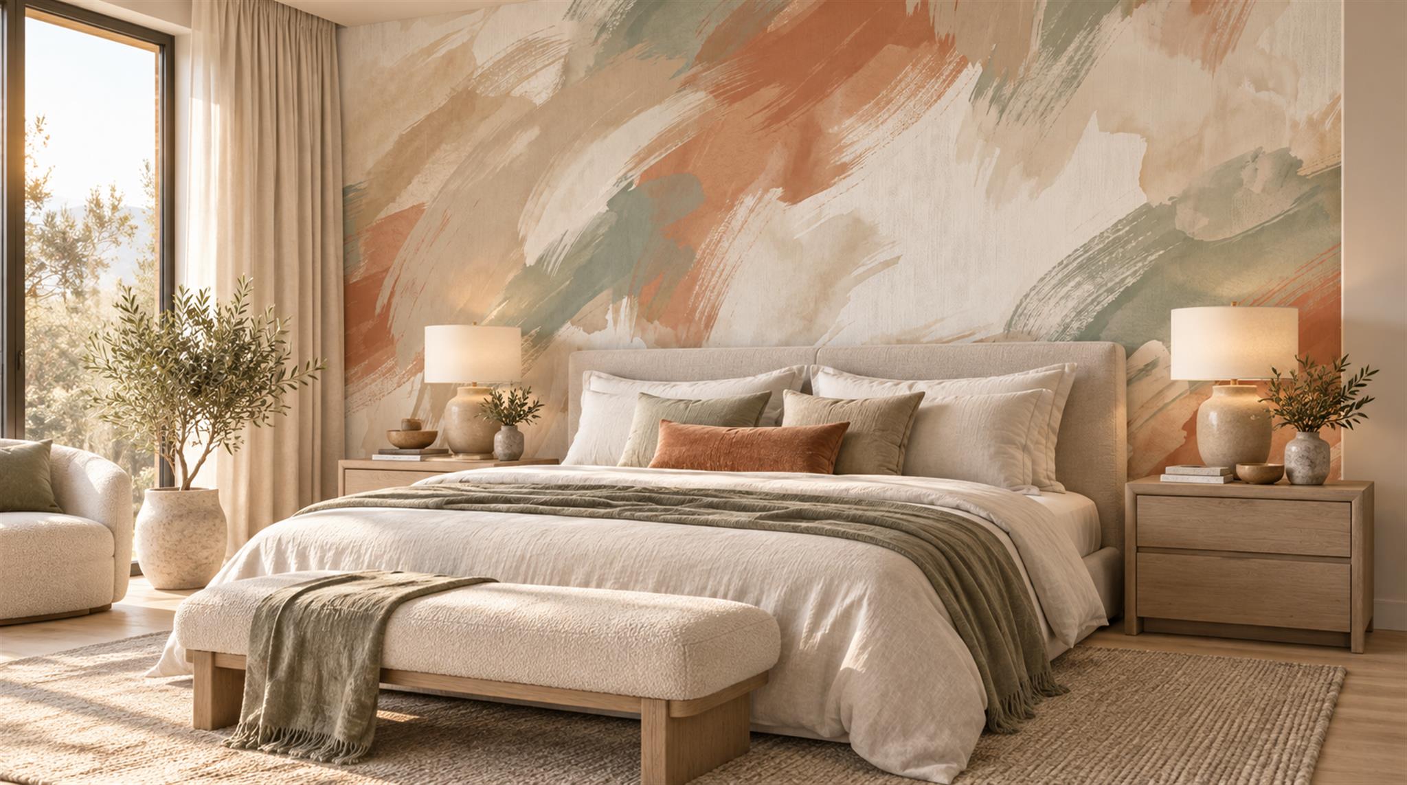 Red And Neutral Decorative Patterning Wallpaper Mural Layered Measured Bedroom-wallpaper-murals, Peel-and-stick Finish