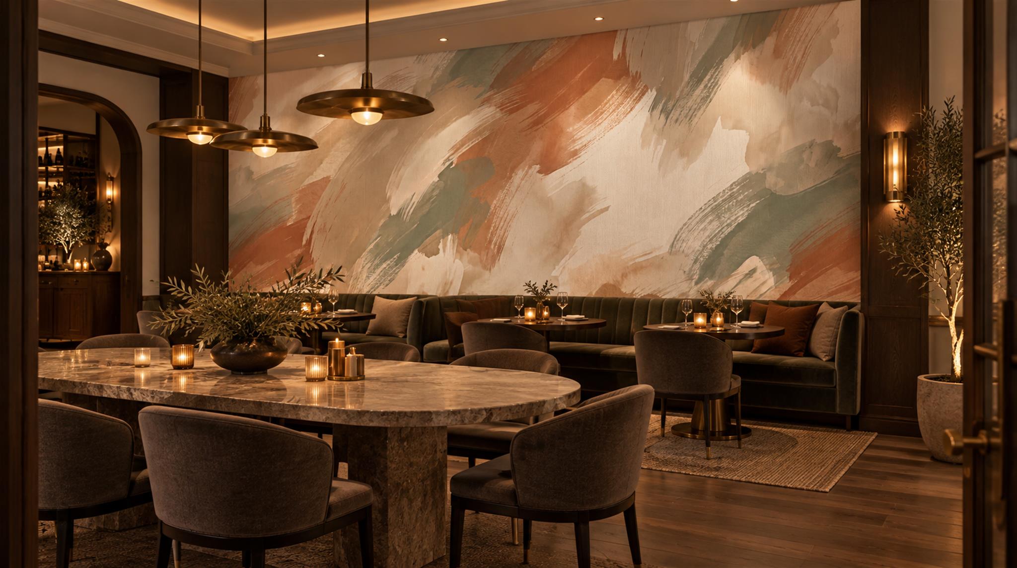 Red And Neutral Decorative Patterning Wallpaper Mural Layered Measured Dining-room-wallpaper-murals, Shown In A Dining Room, Peel-and-stick Finish