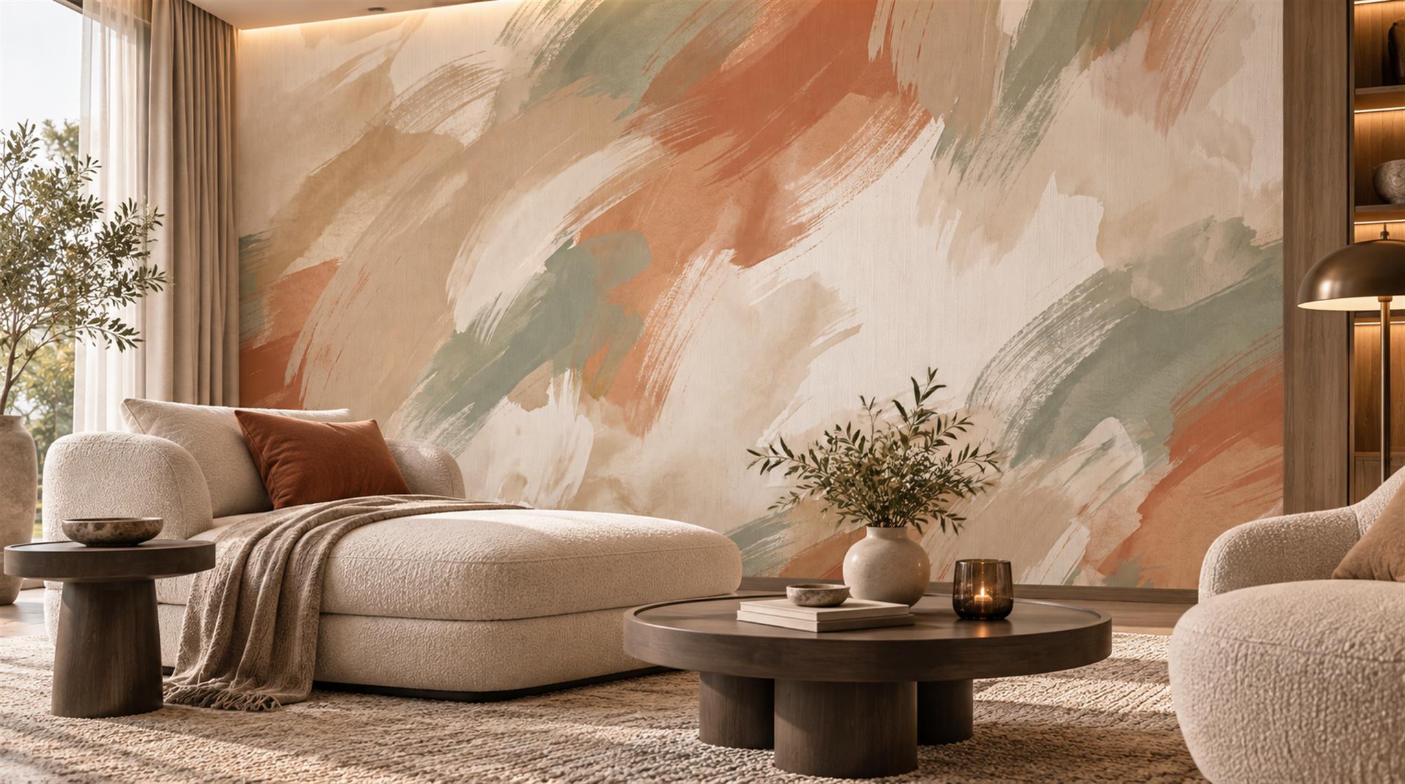 Red And Neutral Decorative Patterning Wallpaper Mural Layered Measured Accent-wall-wallpaper-murals, Peel-and-stick Finish