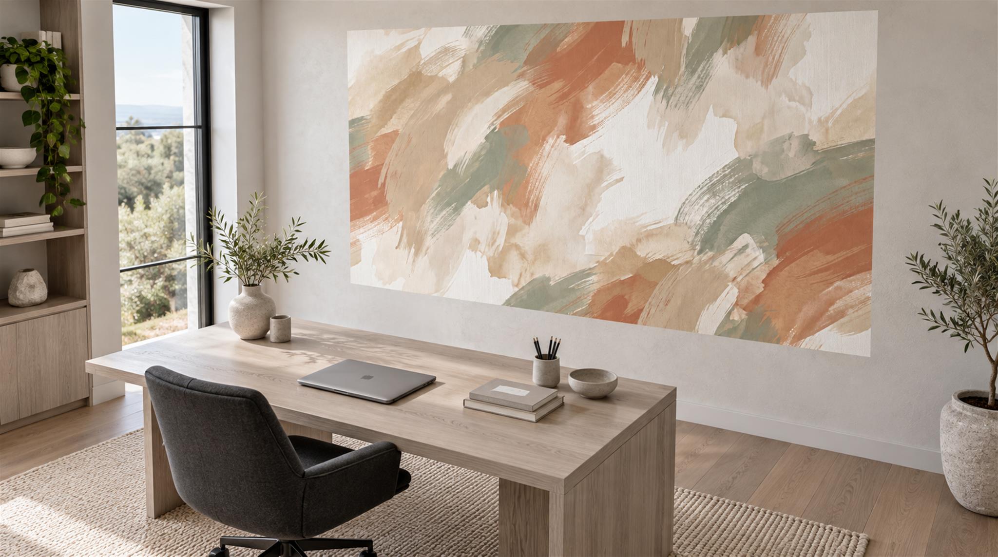 Red And Neutral Decorative Patterning Wallpaper Mural Layered Measured Office-wallpaper-murals, Shown In A Home Office, Peel-and-stick Finish