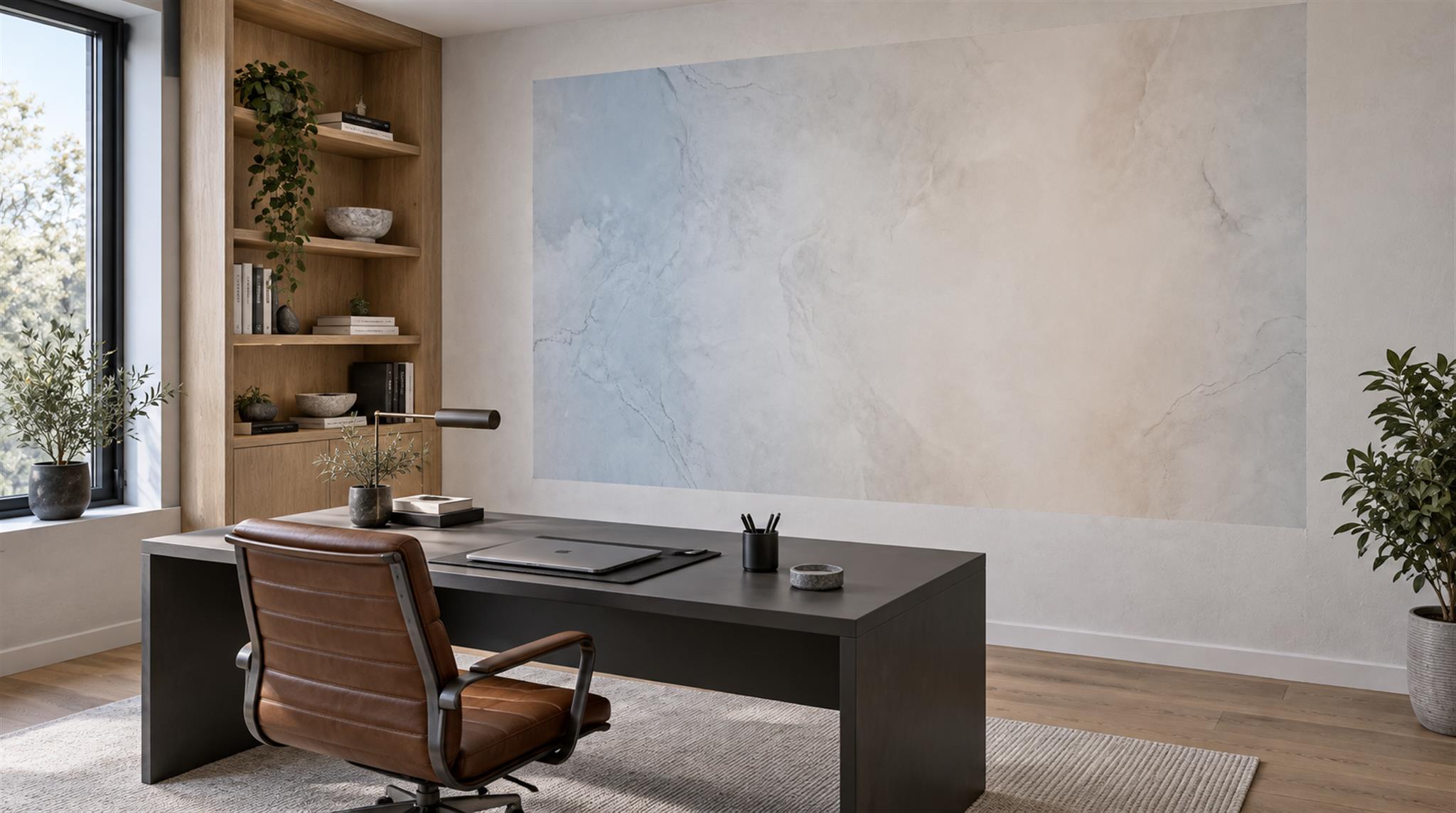 Red And Neutral Decorative Patterning Wallpaper Mural Layered Soft Office-wallpaper-murals, Shown In A Home Office, Peel-and-stick Finish
