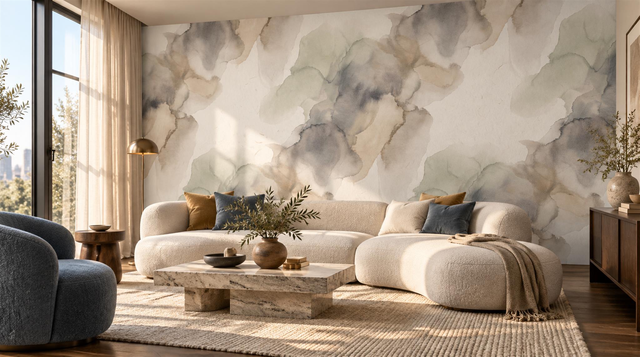 Red And Neutral Decorative Patterning Wallpaper Mural Layered Decorative Living-room-wallpaper-murals, Shown In A Living Room, Peel-and-stick Finish