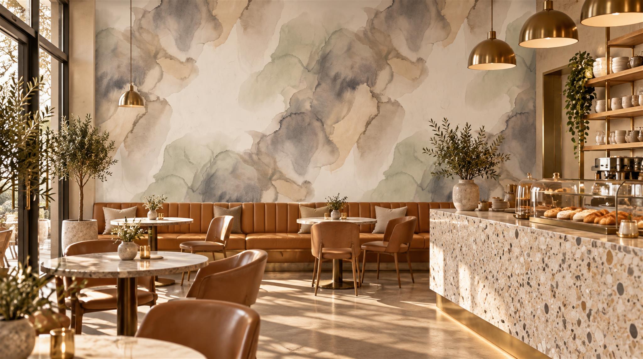 Red And Neutral Decorative Patterning Wallpaper Mural Layered Decorative Cafe-wallpaper-murals, Peel-and-stick Finish