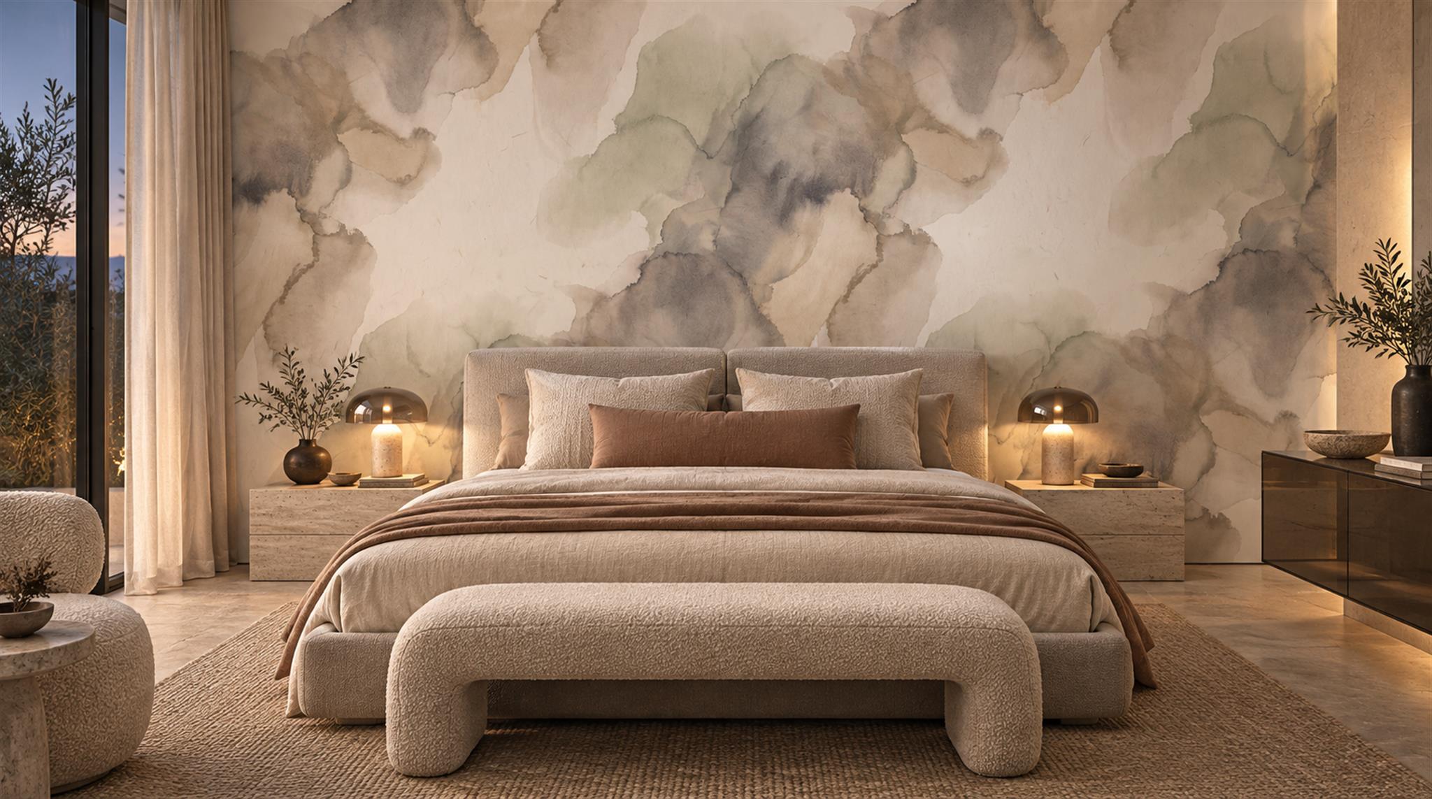 Red And Neutral Decorative Patterning Wallpaper Mural Layered Decorative Accent-wall-wallpaper-murals, Peel-and-stick Finish