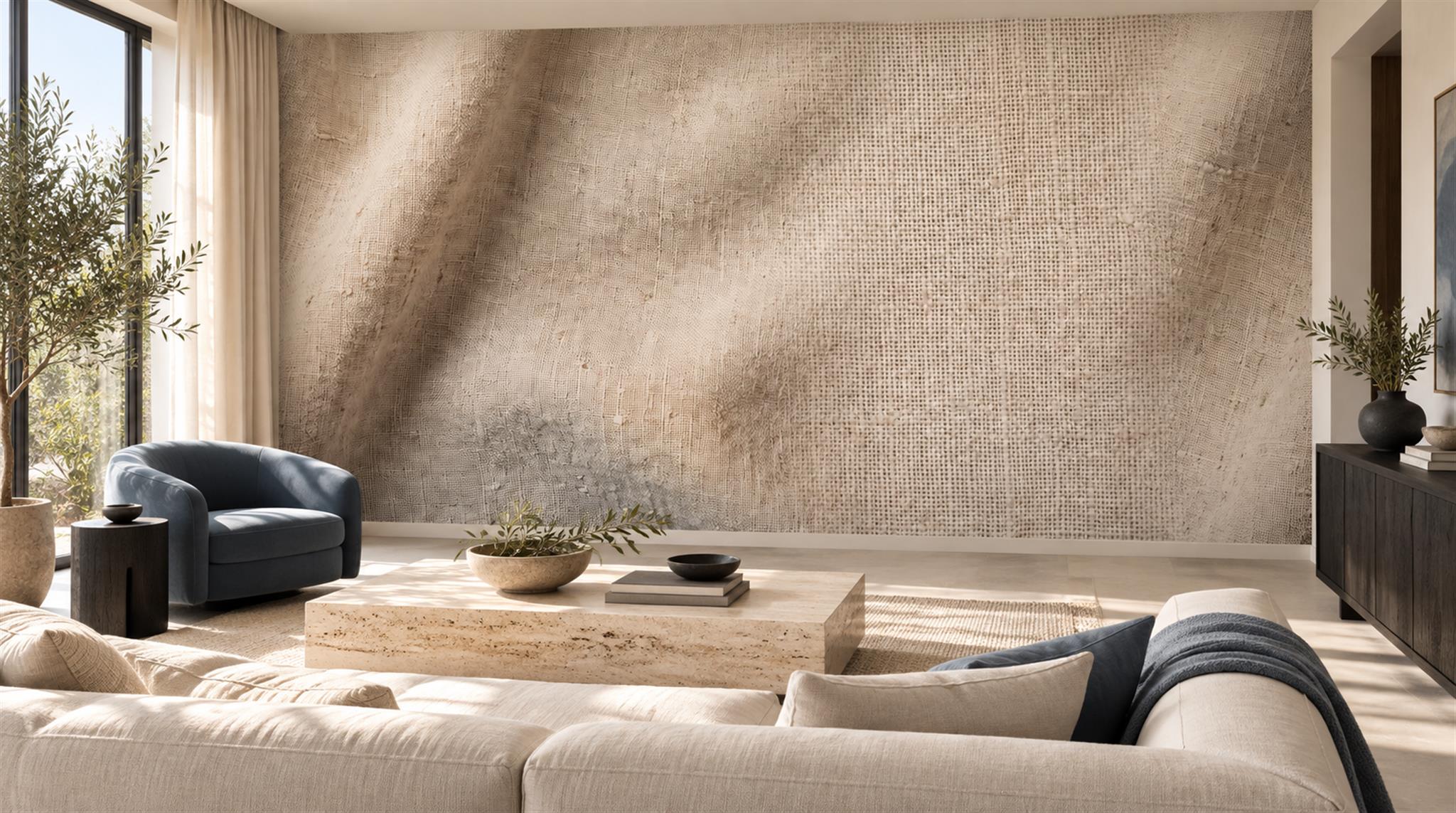 Red And Neutral Decorative Patterning Wallpaper Mural Layered Balanced Living-room-wallpaper-murals, Shown In A Living Room, Peel-and-stick Finish