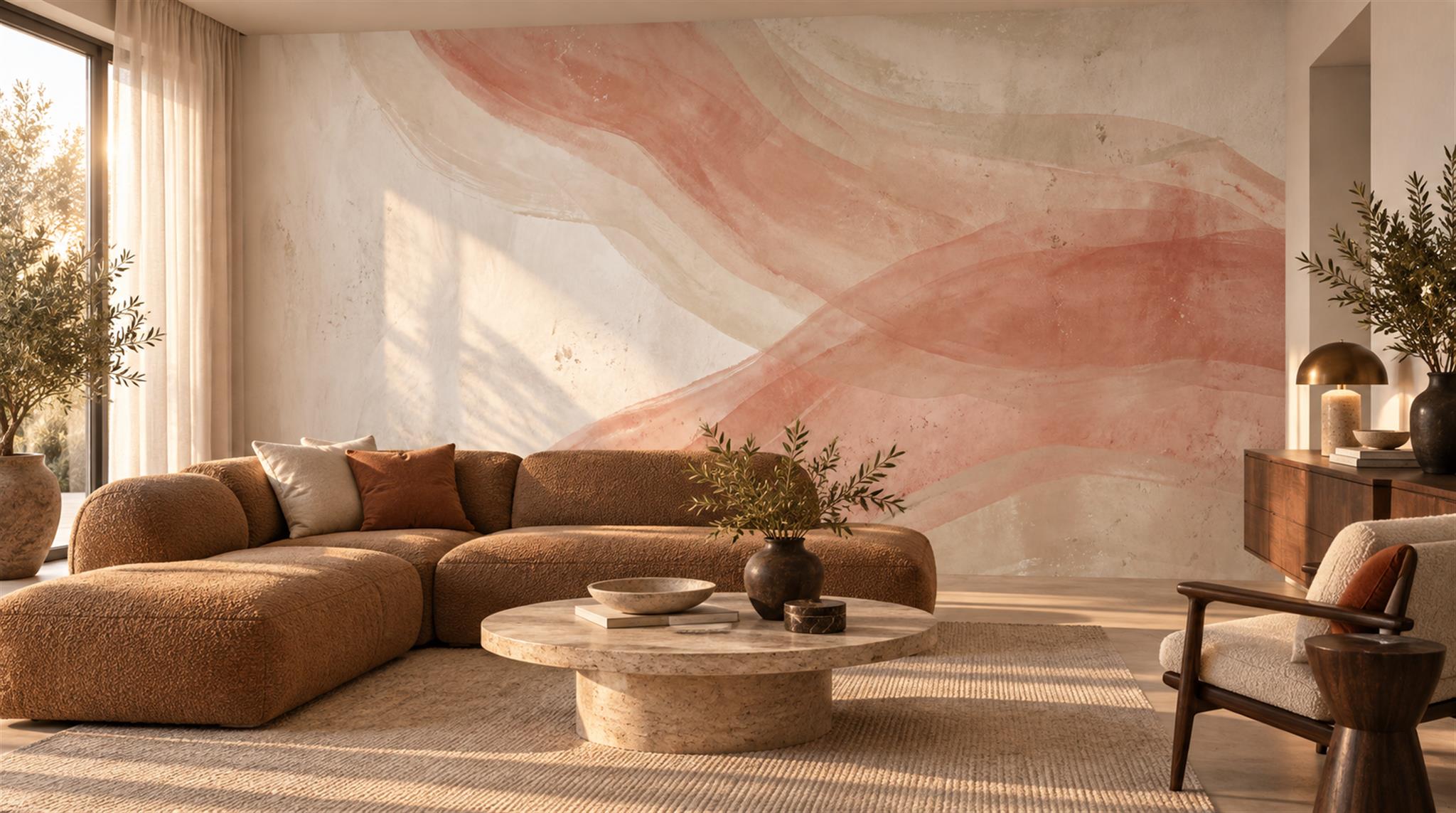 Red And Neutral Decorative Patterning Wallpaper Mural Layered Abstract Living-room-wallpaper-murals, Peel-and-stick Finish
